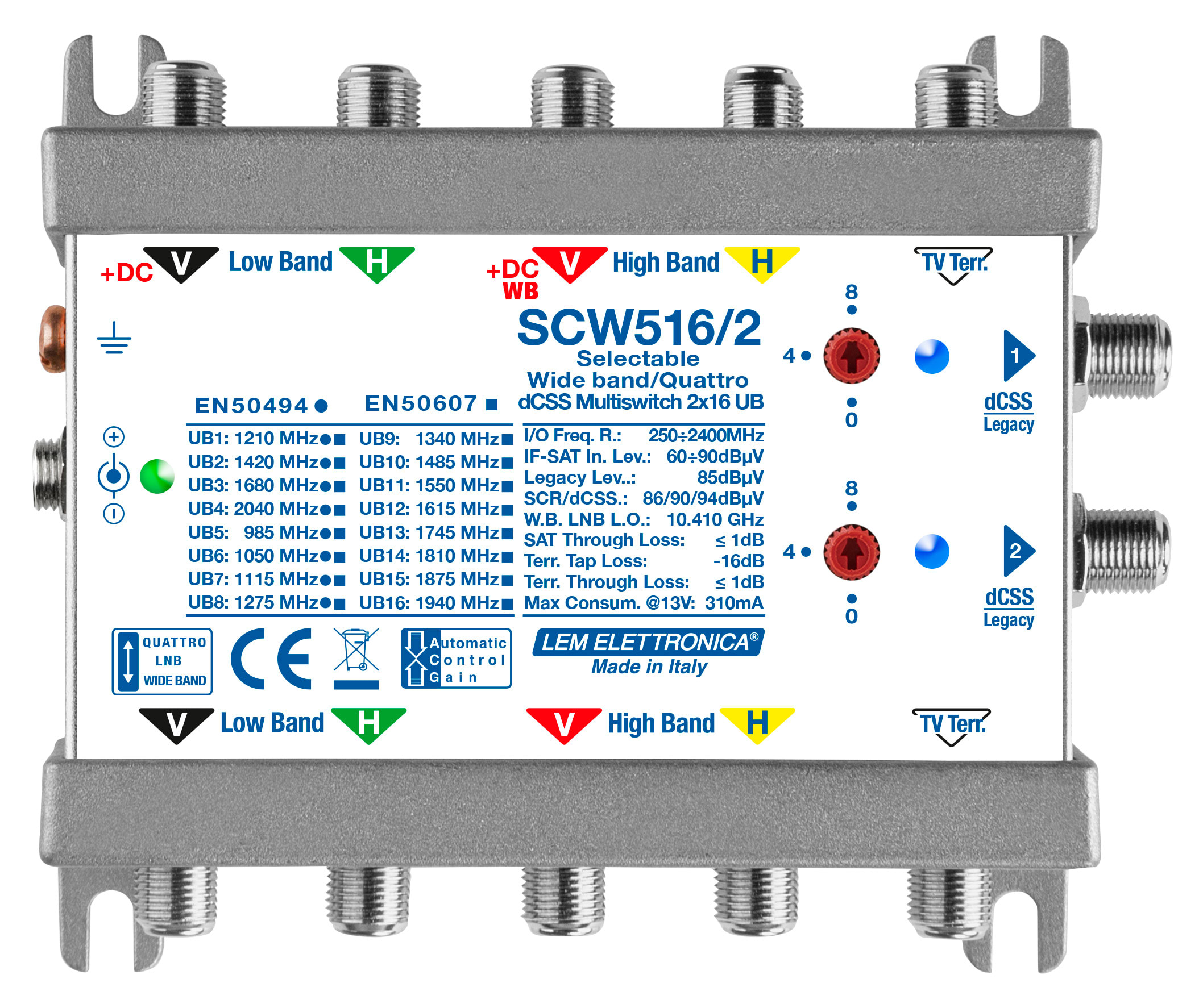 LEM ELETTRONICA - Multiswitch dCSS/Legacy SCW516/2 con 5 ingressi passanti e 2 uscite derivate, Satellite amplificato regolabile, per applicazioni SKY, FM, DAB, UHF, SAT.