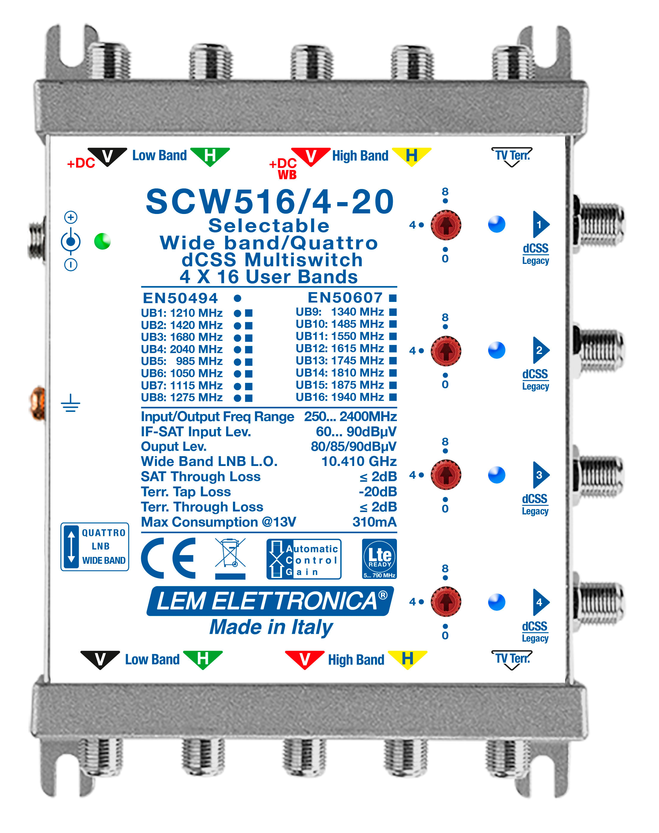 LEM ELETTRONICA - Multiswitch dCSS/Legacy SCW516/4-20 con 5 ingressi passanti e 4 uscite derivate, Satellite amplificato regolabile, attenuazione di -20dB sul Terrestre, per applicazioni SKY, FM, DAB, UHF, SAT. SCW516/4-20
