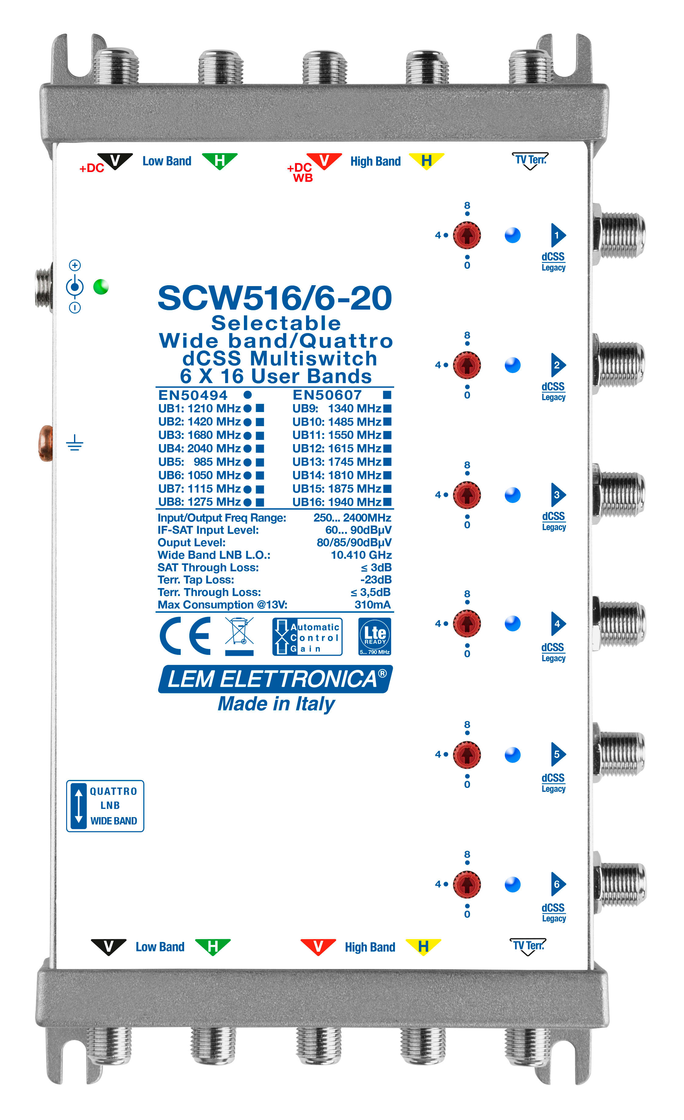 LEM ELETTRONICA - Multiswitch dCSS/Legacy SCW516/6-20 con 5 ingressi passanti e 6 uscite derivate, Satellite amplificato regolabile, attenuazione di -20dB sul Terrestre, per applicazioni SKY, FM, DAB, UHF, SAT. SCW516/6-20