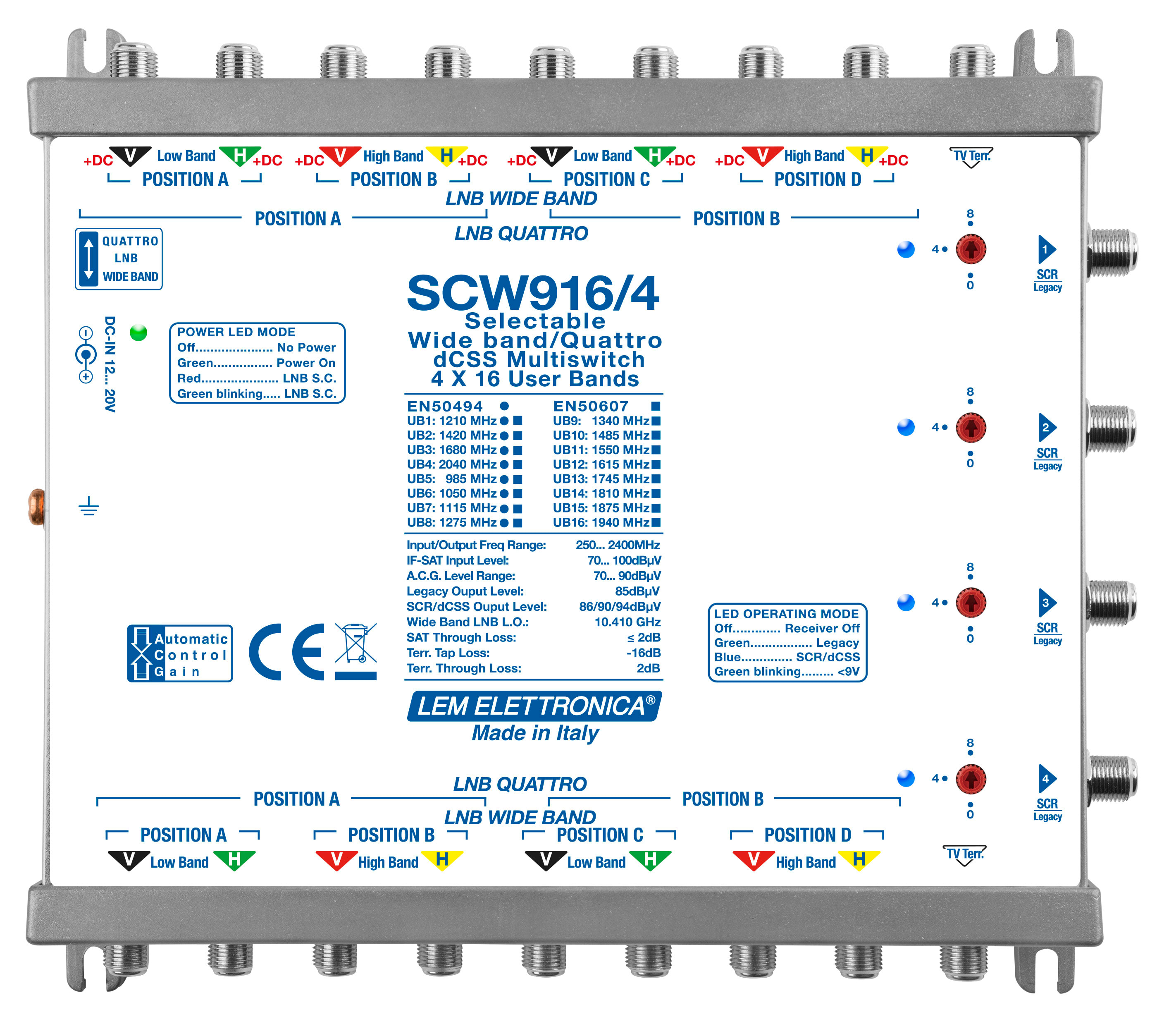 LEM ELETTRONICA - Multiswitch dCSS/Legacy SCW916/4 con 9 ingressi passanti e 4 uscite derivate, Satellite amplificato regolabile, per applicazioni SKY, FM, DAB, UHF, SAT.