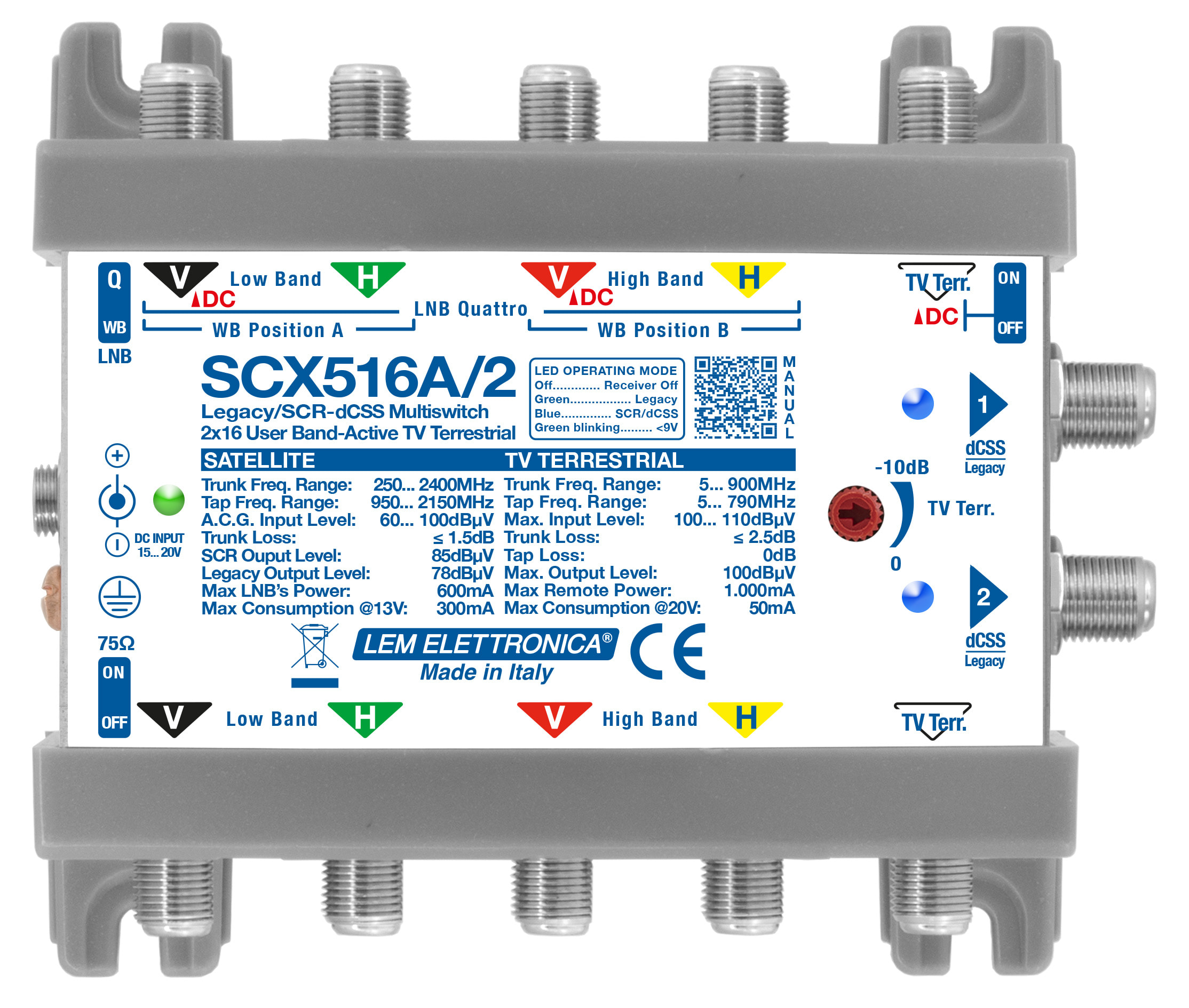 LEM ELETTRONICA - Multiswitch dCSS/Legacy SCX516A/2 con 5 ingressi passanti e 2 uscite derivate, Terrestre amplificato regolabile, per applicazioni SKY, FM, DAB, UHF, SAT. SCX516A/2