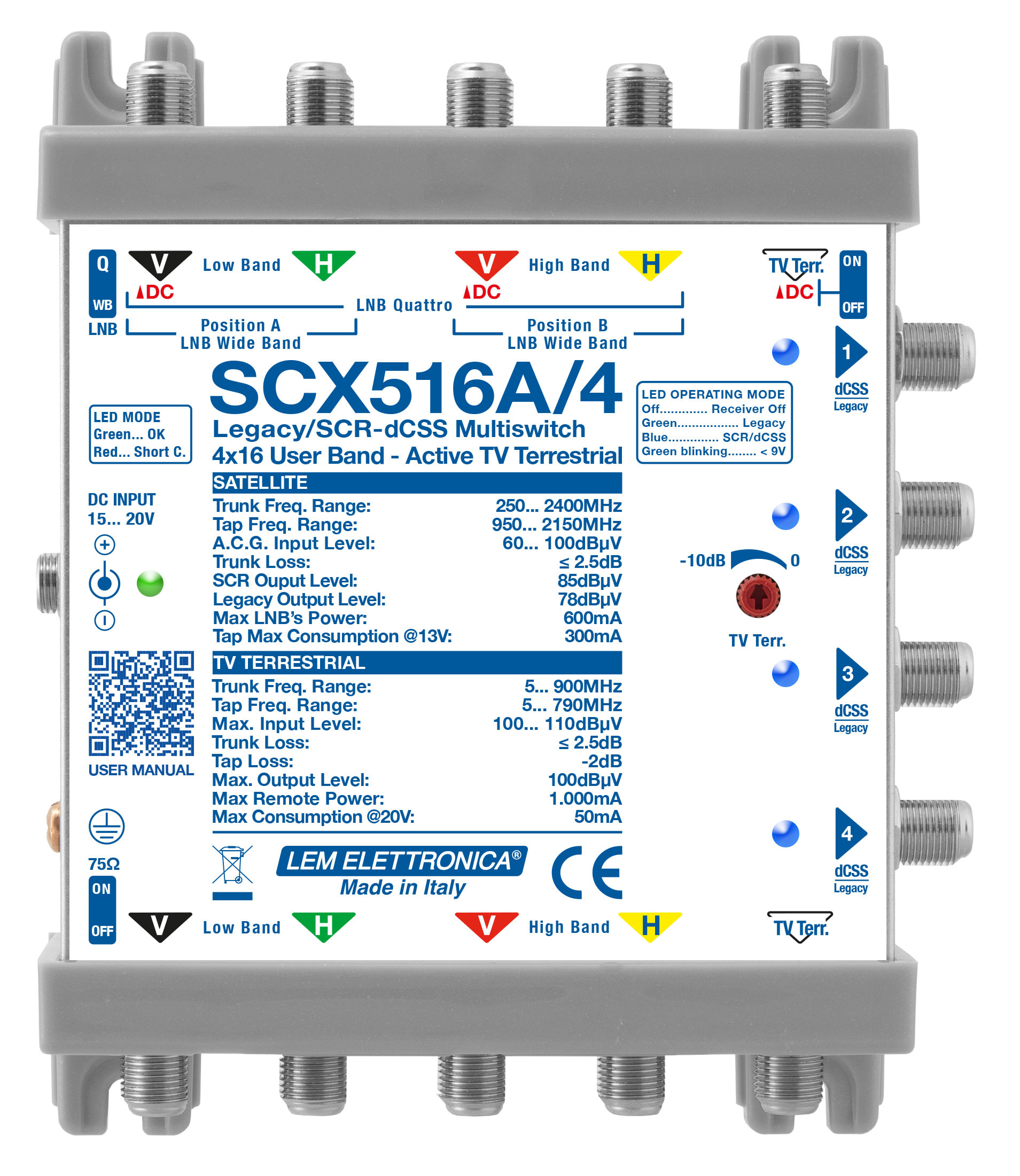 LEM ELETTRONICA - Multiswitch dCSS/Legacy SCX516A/4 con 5 ingressi passanti e 4 uscite derivate, Terrestre amplificato regolabile, per applicazioni SKY, FM, DAB, UHF, SAT. SCX516A/4