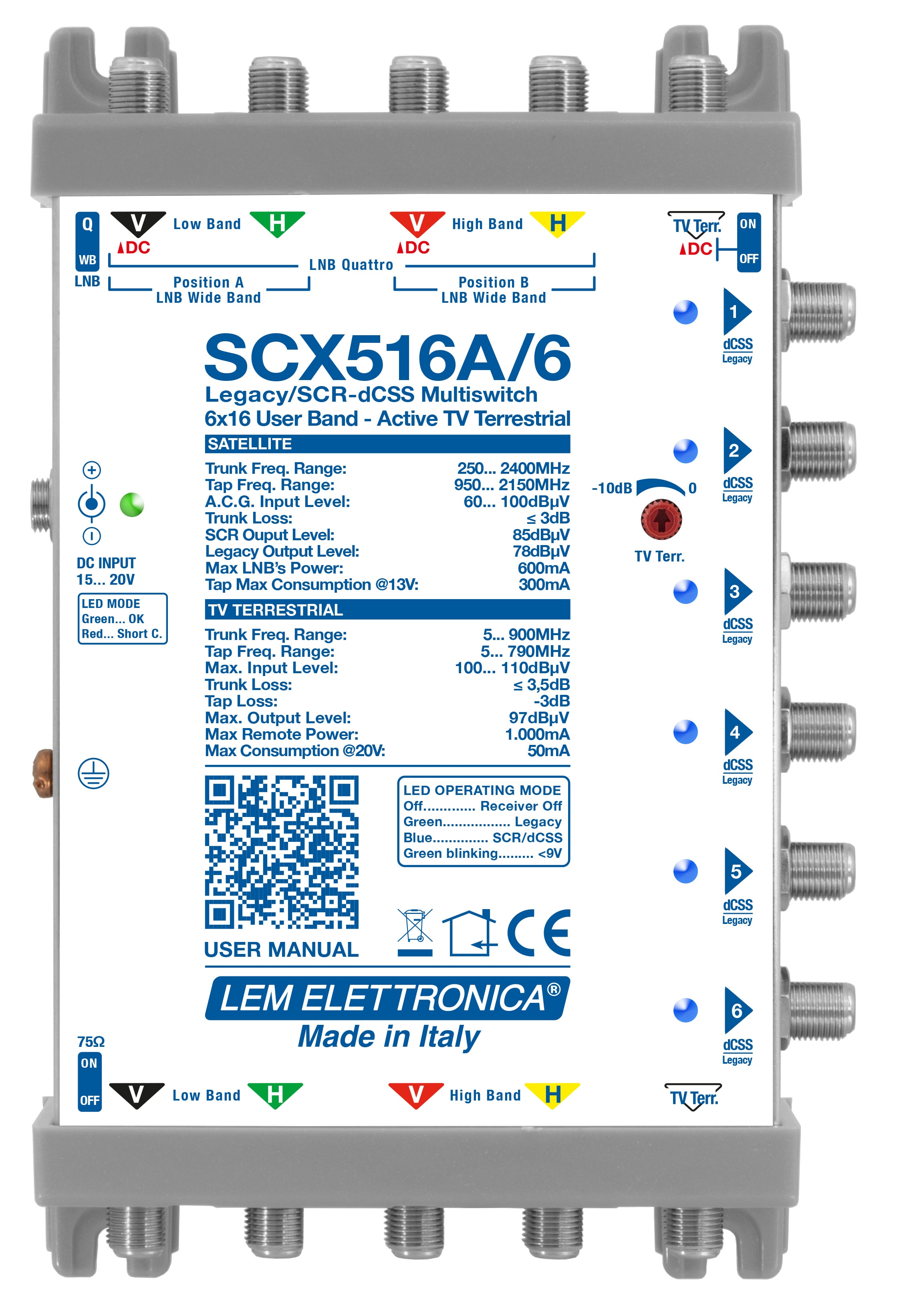 LEM ELETTRONICA - Multiswitch dCSS/Legacy SCX516A/6 con 5 ingressi passanti e 6 uscite derivate, Terrestre amplificato regolabile, per applicazioni SKY, FM, DAB, UHF, SAT. SCX516A/6