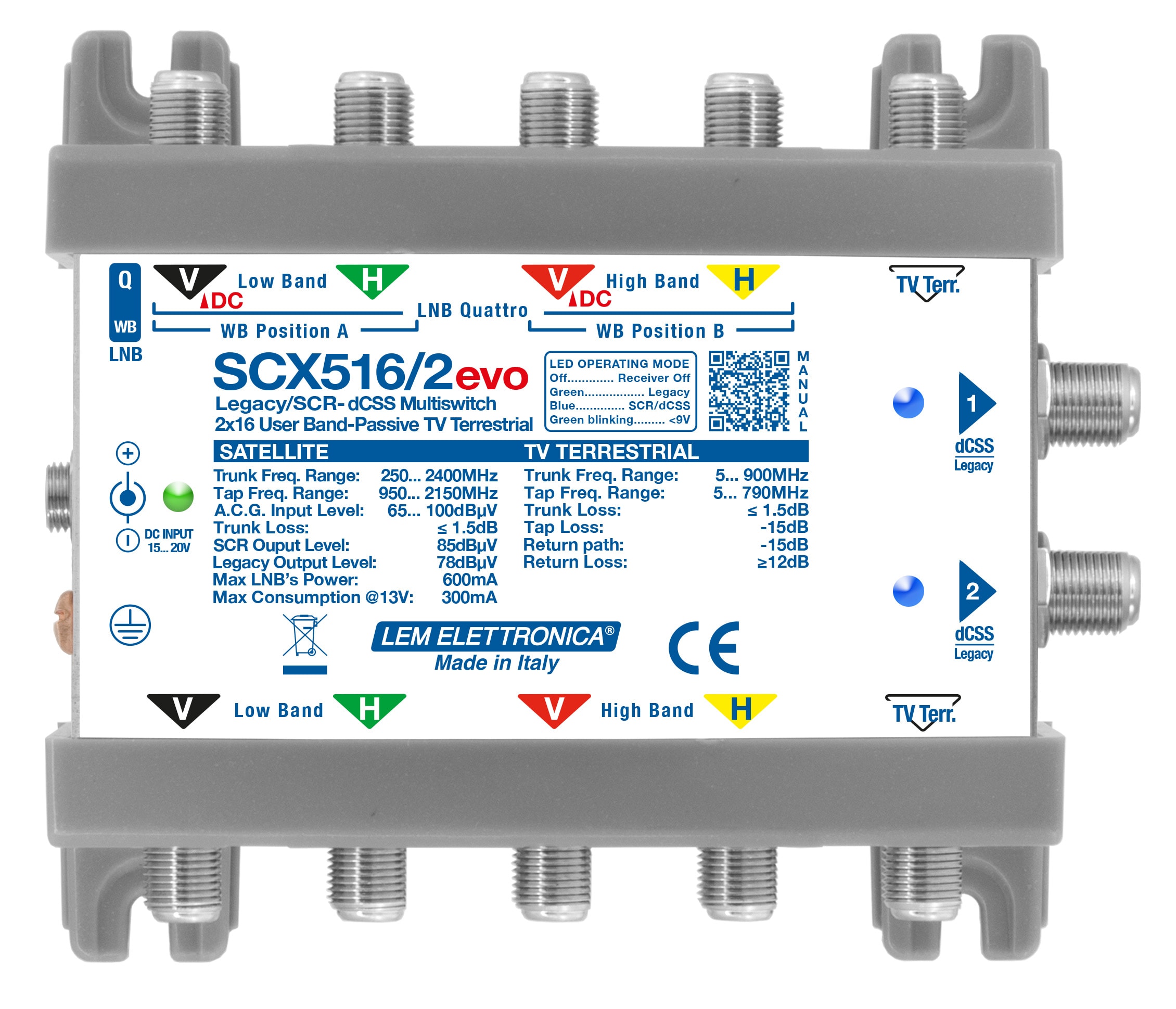 LEM ELETTRONICA - Multiswitch dCSS/Legacy SCX516/2evo con 5 ingressi passanti e 2 uscite derivate, per applicazioni SKY, FM, DAB, UHF, SAT.