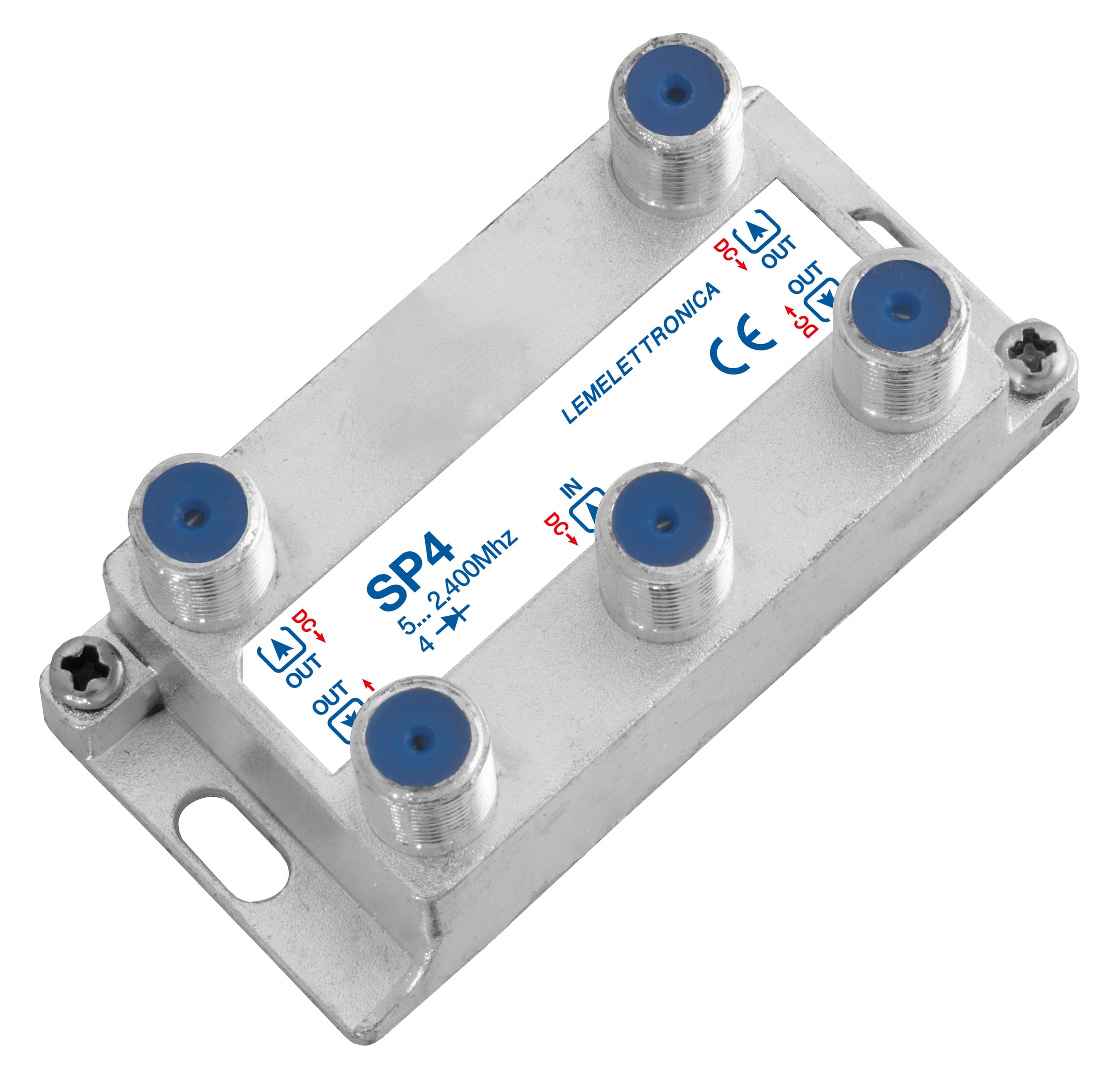 LEM ELETTRONICA - Partitore verticale SP4 a 4 vie, connettori F, banda passante 5…2.400Mhz, perdita di passaggio Max. 12dB.