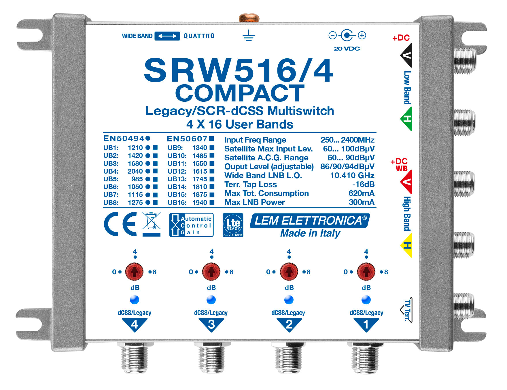 LEM ELETTRONICA - Multiswitch dCSS/Legacy radiale SRW516/4 con 5 ingressi e 4 uscite derivate, Satellite amplificato regolabile, per applicazioni SKY, FM, DAB, UHF, SAT. SRW516/4