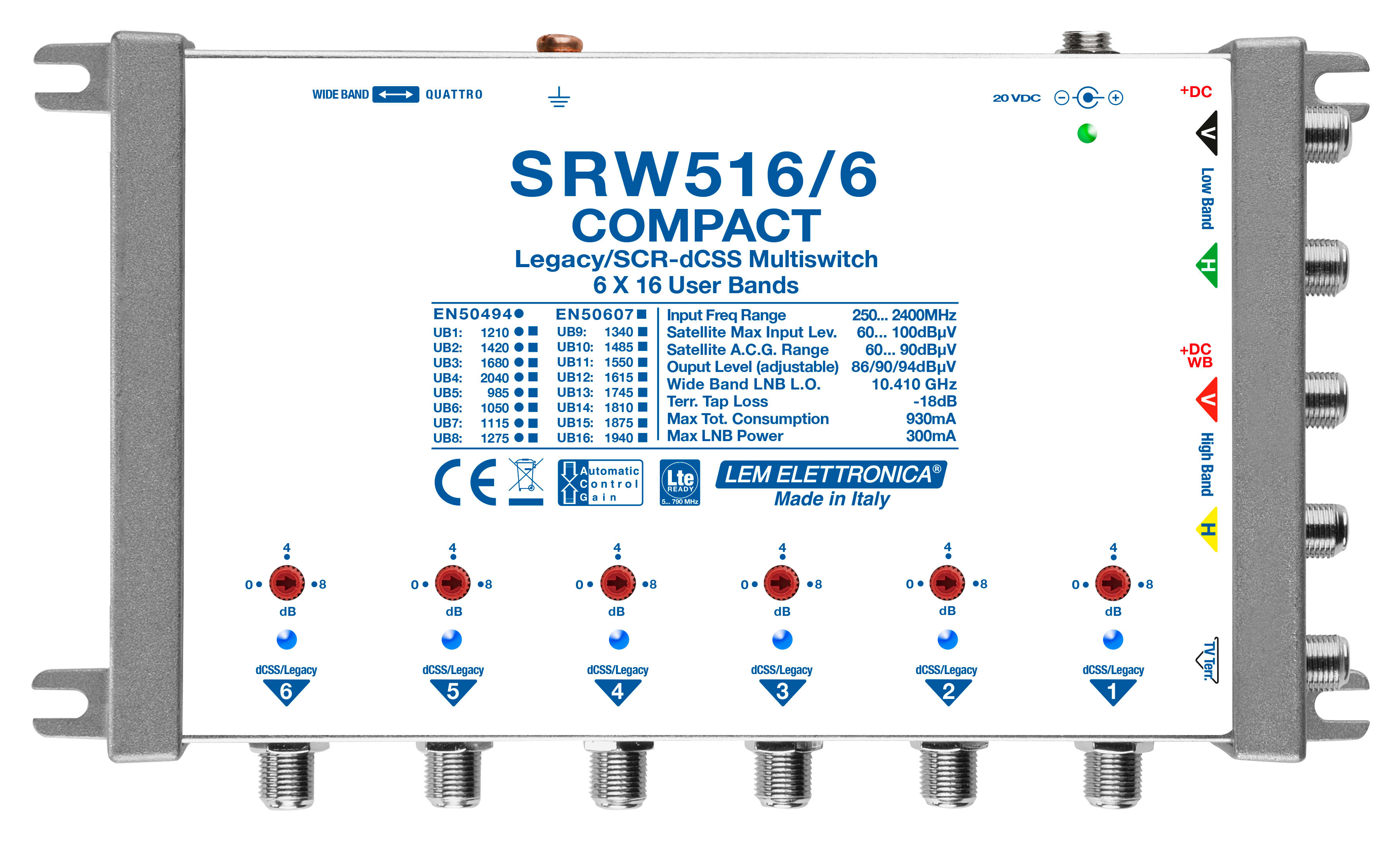 LEM ELETTRONICA - Multiswitch dCSS/Legacy radiale SRW516/6 con 5 ingressi e 6 uscite derivate, Satellite amplificato regolabile, per applicazioni SKY, FM, DAB, UHF, SAT.