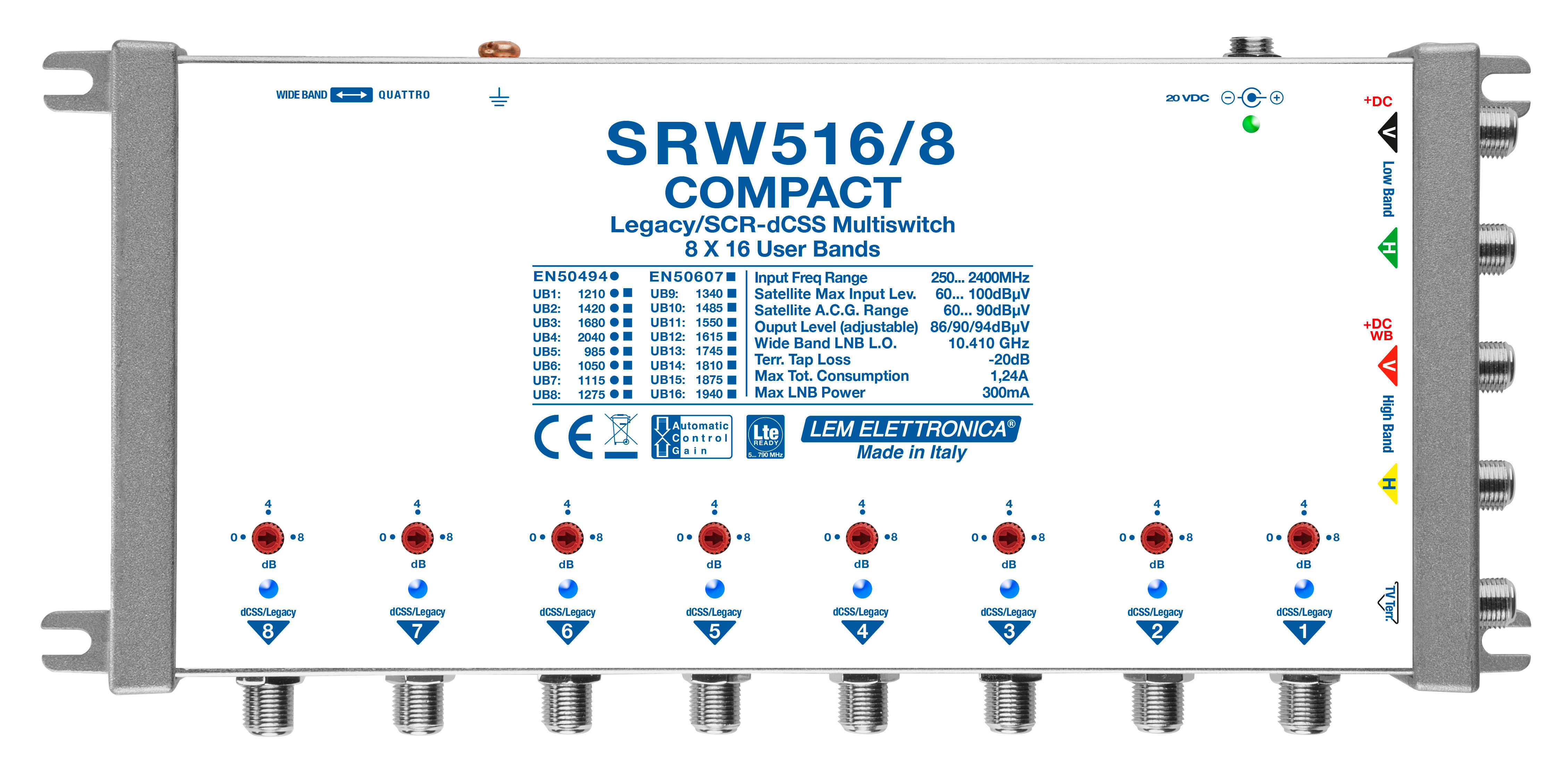 LEM ELETTRONICA - Multiswitch dCSS/Legacy radiale SRW516/8 con 5 ingressi e 8 uscite derivate, Satellite amplificato regolabile, per applicazioni SKY, FM, DAB, UHF, SAT. SRW516/8