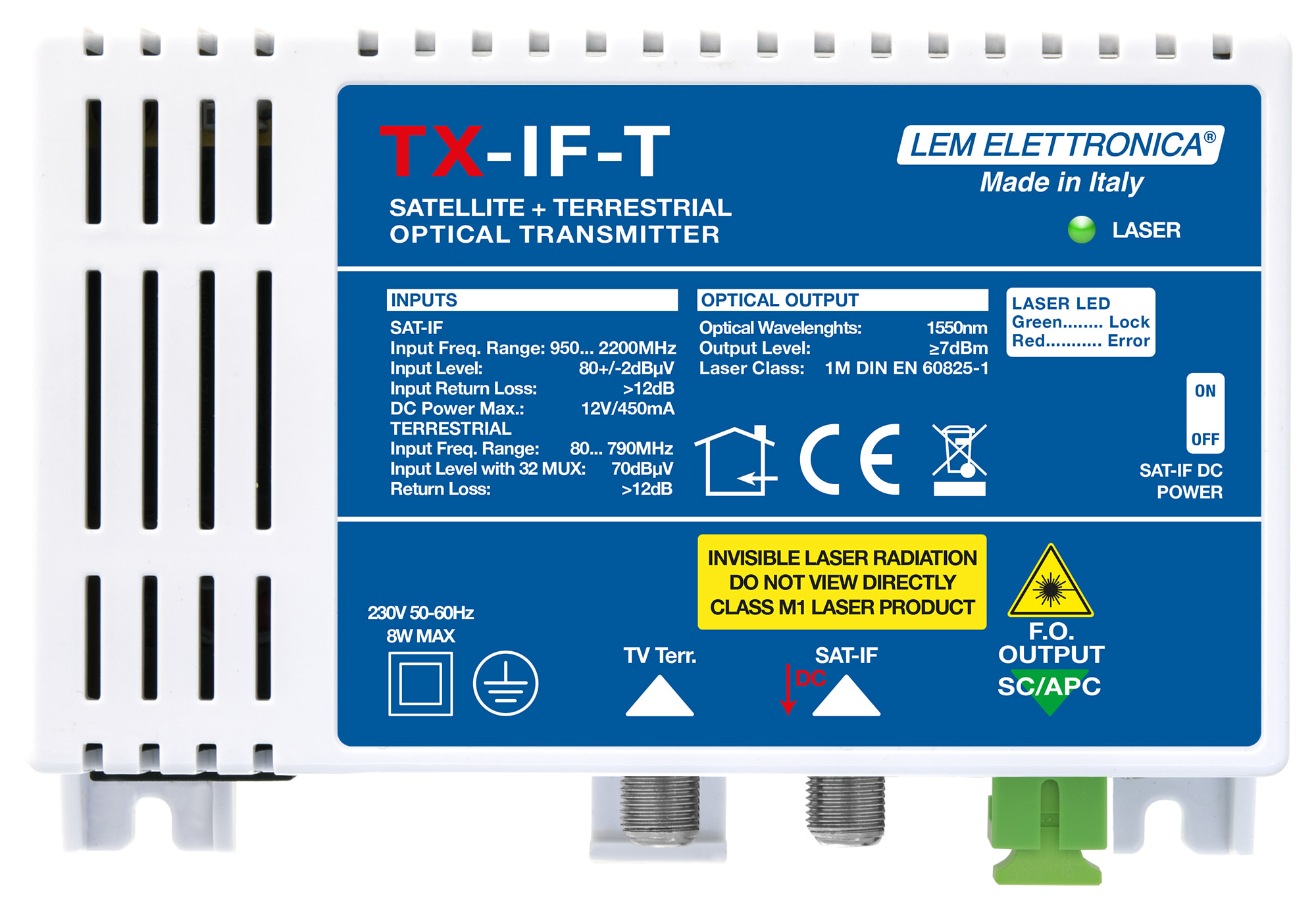 LEM ELETTRONICA - Trasmettitore ottico TX-IF-T con 2 ingressi (1 banda IF-SAT, 1 TV Terrestre), 1550nm, potenza di 7 dBm, per applicazioni SKY, FM, DAB, UHF, SAT.