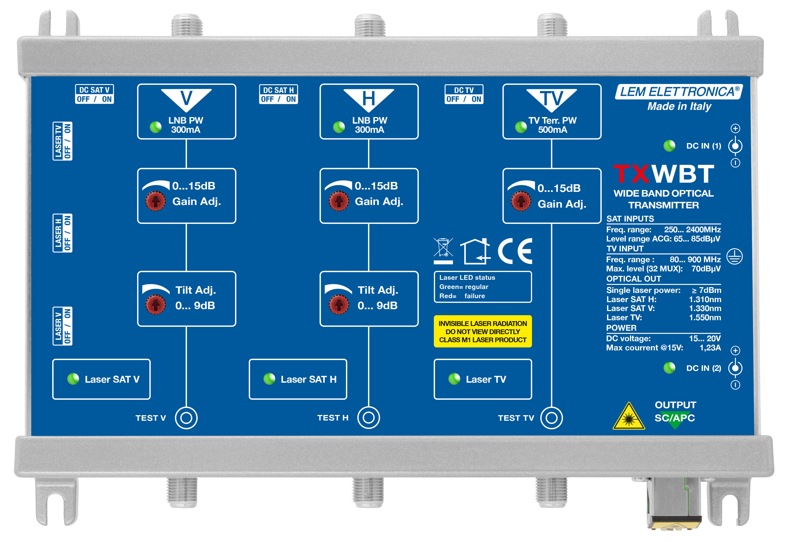 LEM ELETTRONICA - Trasmettitore ottico TXWBT con 3 ingressi (2 per polarità satellite e 1 TV Terrestre), 1310/1330/1550nm, potenza di 8 dBm, per applicazioni SKY, FM, DAB, UHF, SAT.
