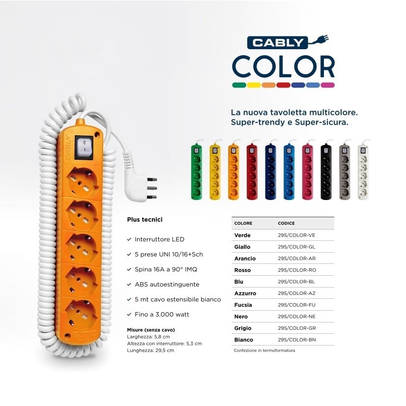 LE PROLUNGHE - Cabli universale 5 metri con interruttore blu e cavo spiralato 3G1.5 SP16A 90 gradi.