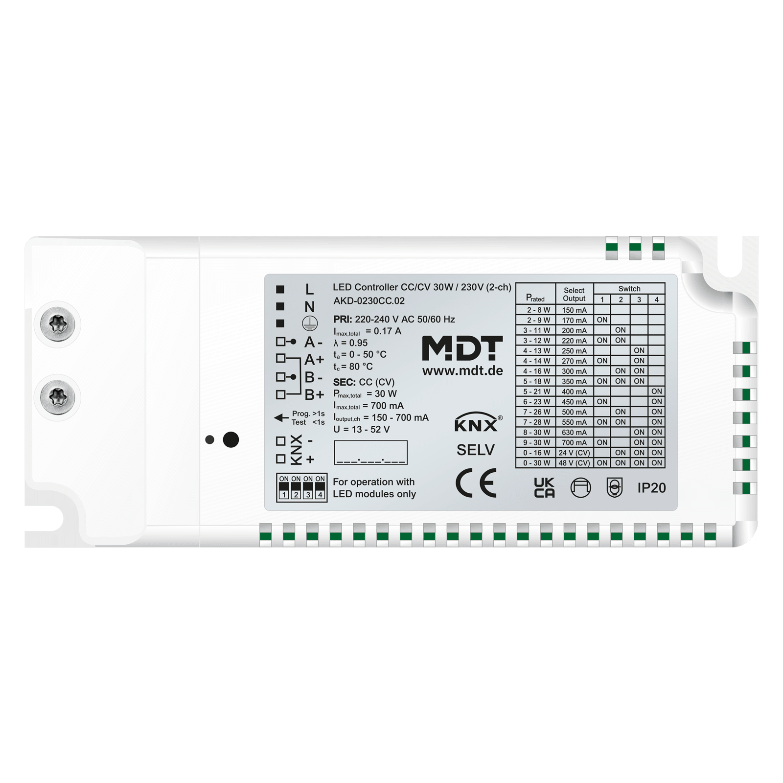 MDT - Controller LED KNX CC/CV 30 W, 230 V, 2 canali