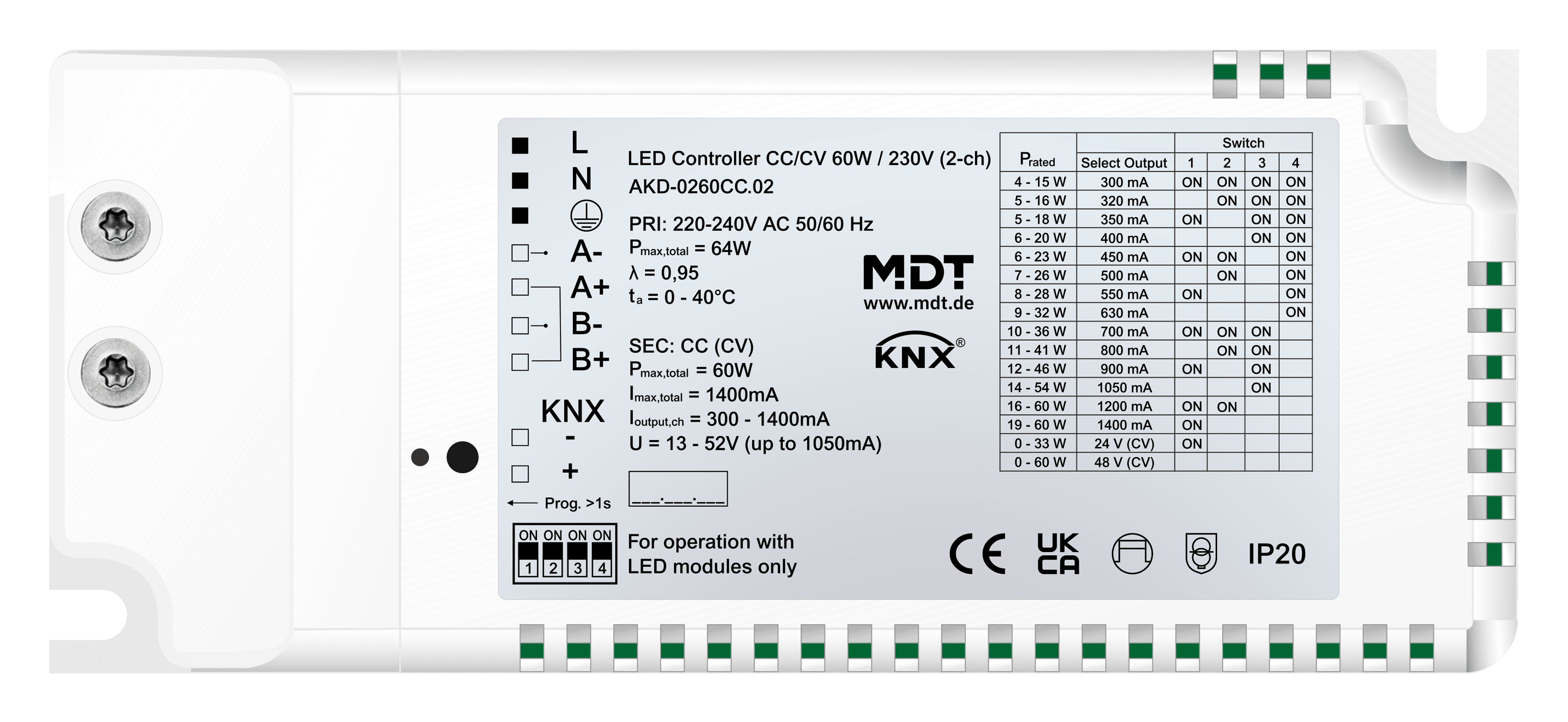 MDT - Controller LED KNX CC/CV 60 W, 230 V, 2 canali