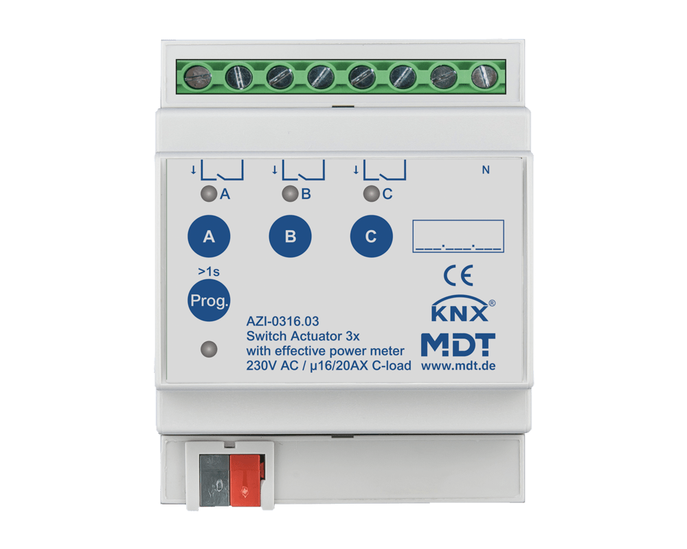 MDT - Attuatore KNX on/off 3can.,230V,16/20A,cont.energ