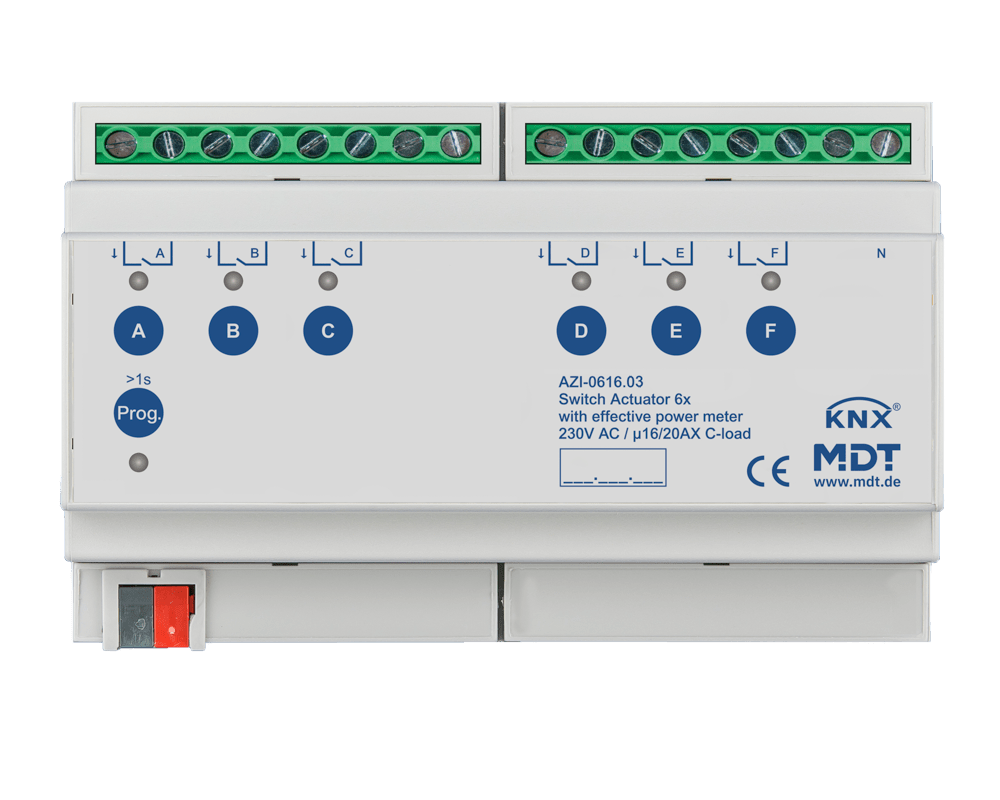 MDT - Attuatore KNX on/off 6can.,230V,16/20A,cont.energ