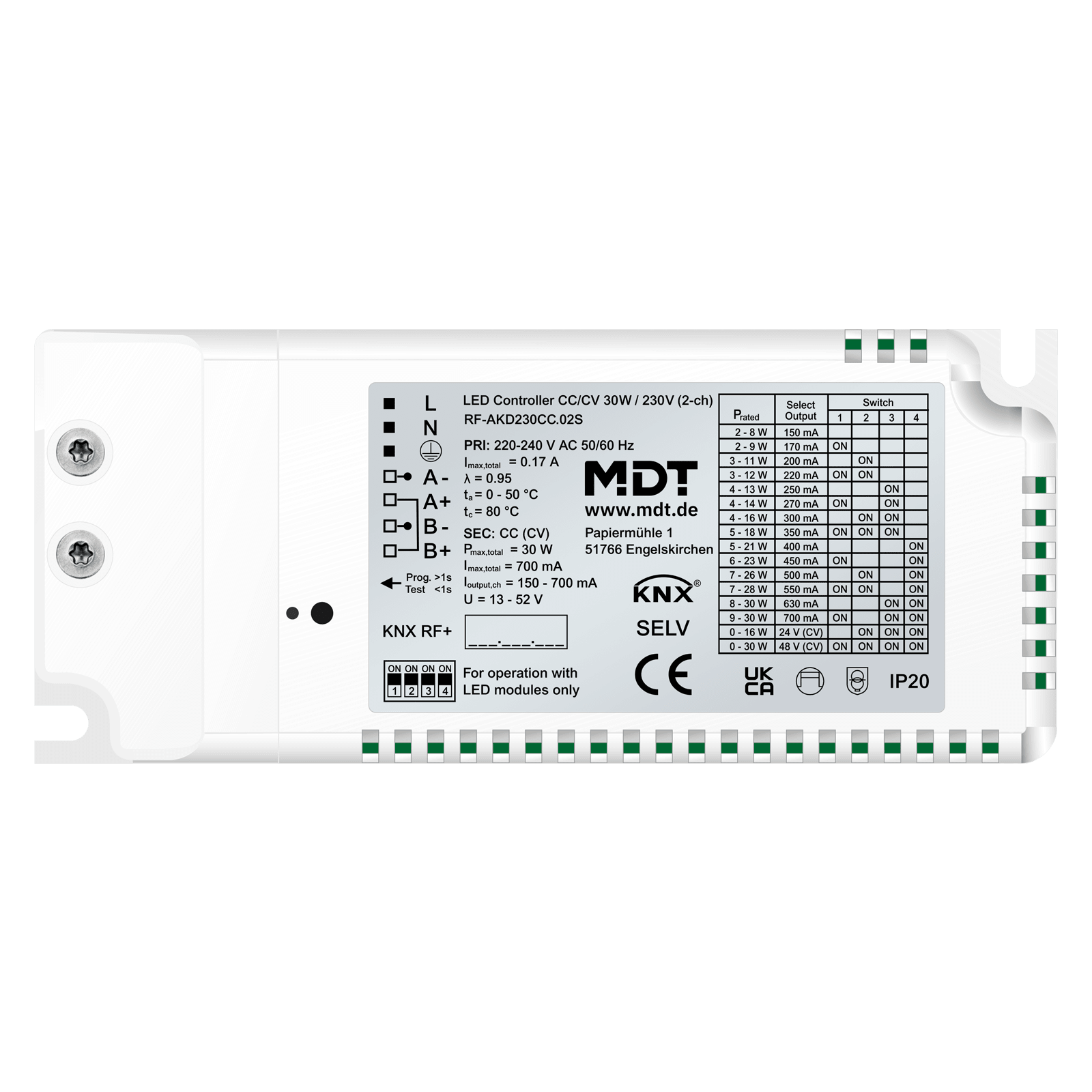 MDT - Controller LED CC/CV 30 W, 230 V, 2 canali, KNX RF, Secure