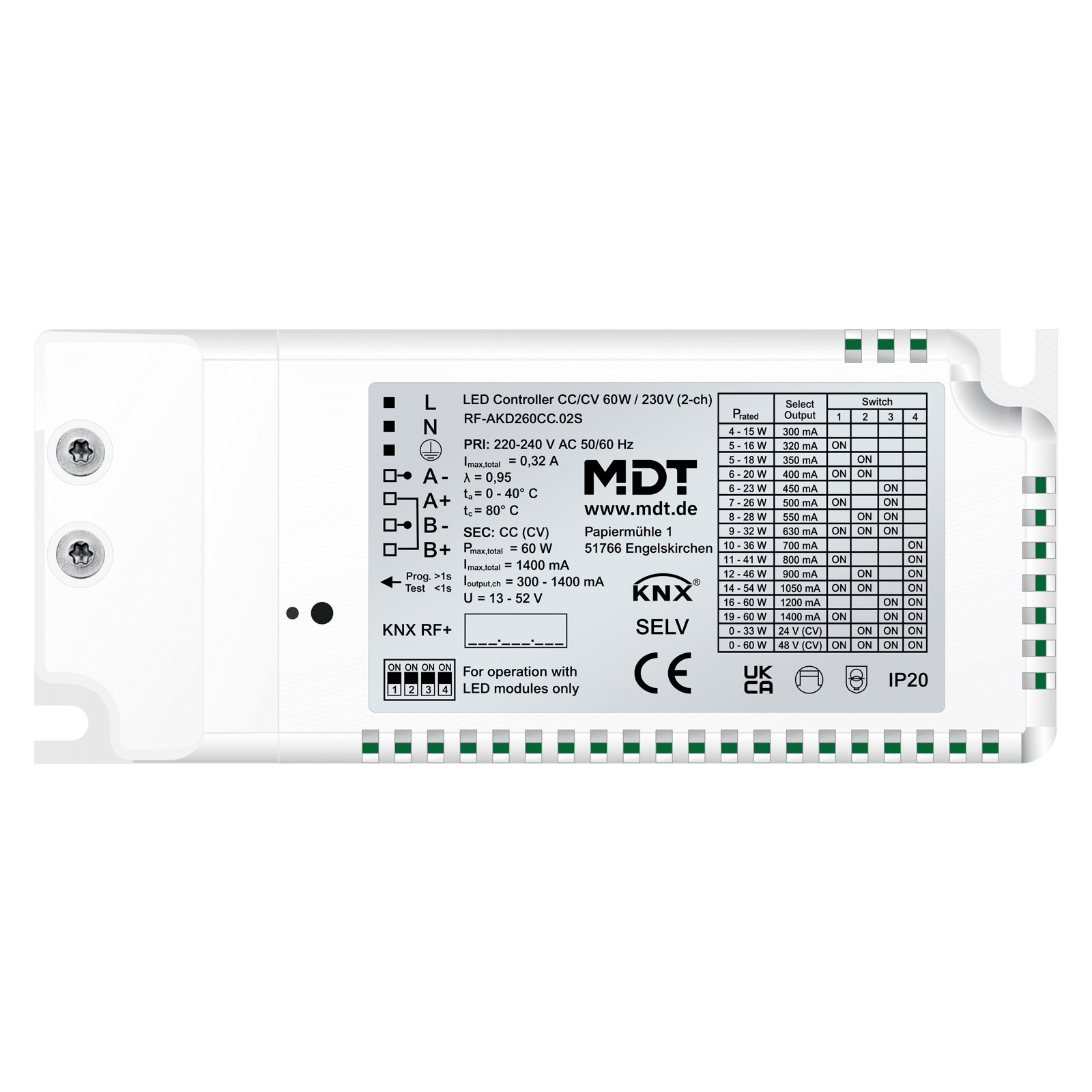 MDT - Controller LED CC/CV 60 W, 230 V, 2 canali, KNX RF, Secure