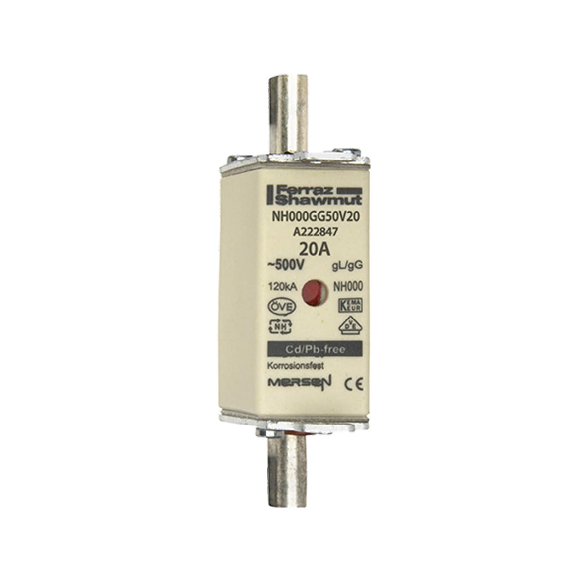 MERSEN - Fusibile NH000 gG 500VAC 20A Placche Attive Doppio Indicatore