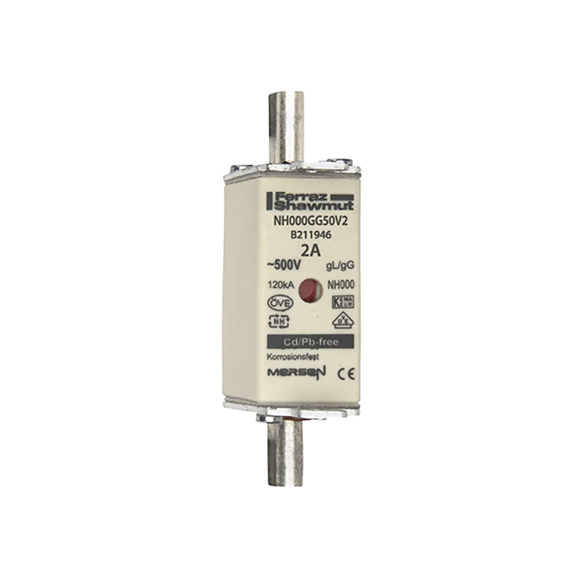 MERSEN - Fusibile NH000 gG 500VAC 2A Placche Attive Doppio Indicatore