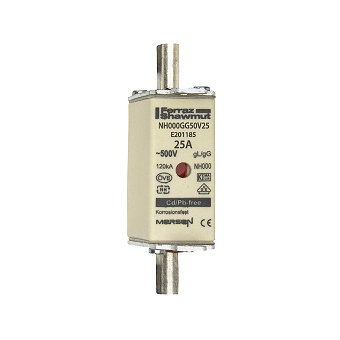MERSEN - Fusibile NH000 gG 500VAC 25A Placche Attive Doppio Indicatore