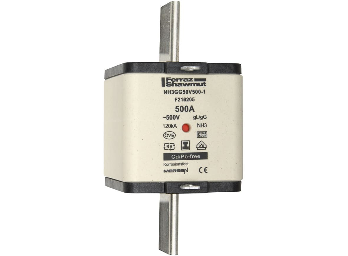 MERSEN - Fusibile NH3 gG 500VAC 500A Placche Isolate Doppio Indicatore