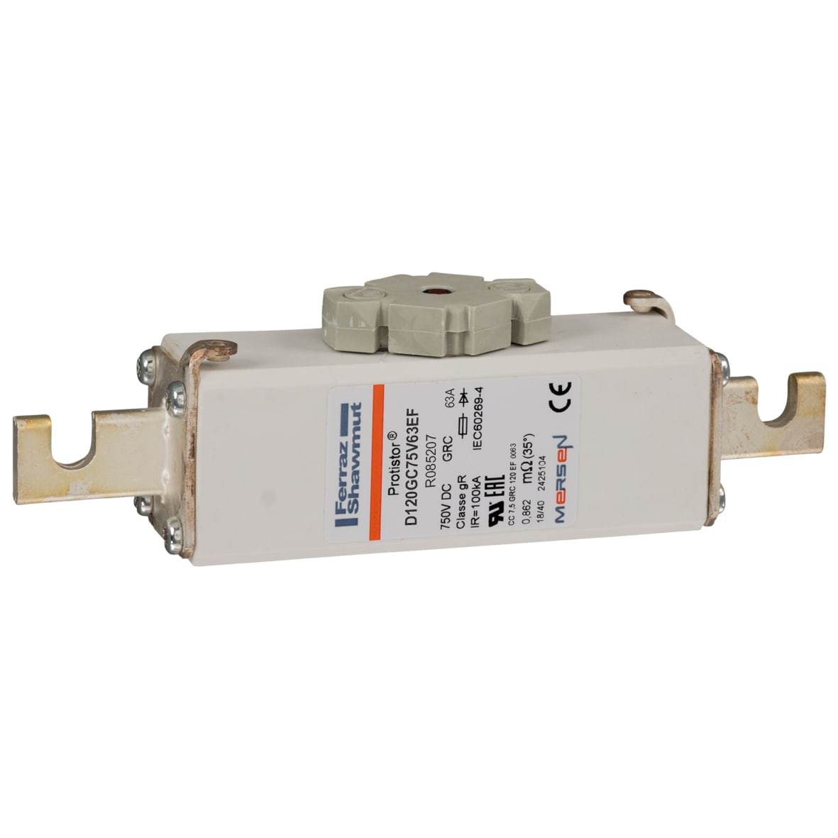 MERSEN - Fusibile ad alta velocità 120 gR 750VDC CEI 63A Percussore Coltelli Scanalature