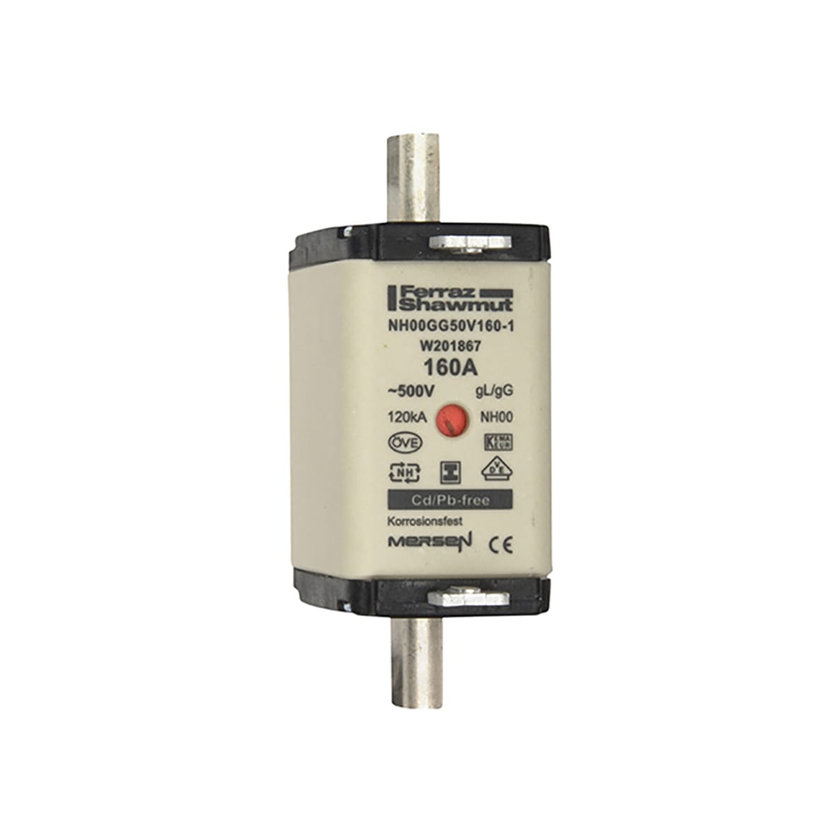 MERSEN - Fusibile NH00 gG 500VAC 160A Placche Isolate Doppio Indicatore