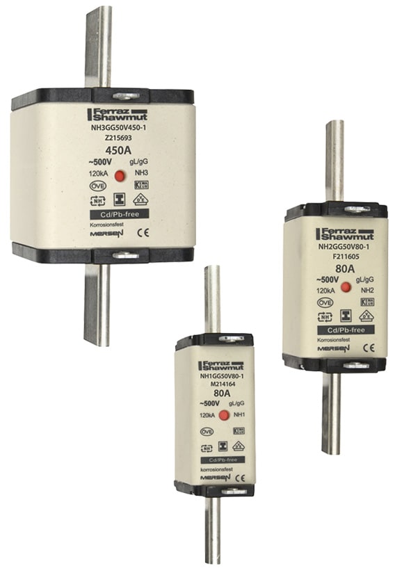 MERSEN - Fusibile NH000 gG 500VAC 63A Placche Isolate Doppio Indicatore 3 Pz