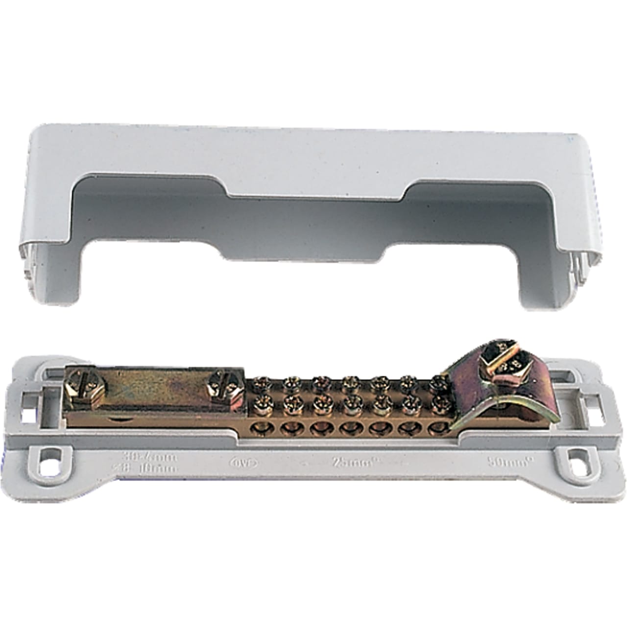 SATI - Piastra per collegamenti equipotenziali in ottone nichelato coperchio in PVC dim. 170x50x50 mm