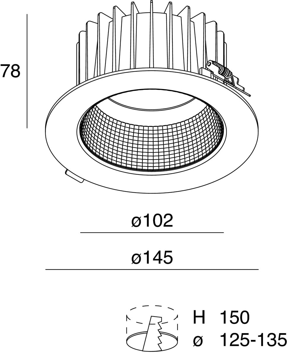 NOVALUX - NIK 16W 3K 24 CRI90 UGR<19: downlight LED tondo da incasso in controsoffitto, molle in acciaio per spessori 5-15 mm, garanzia 5 anni.
