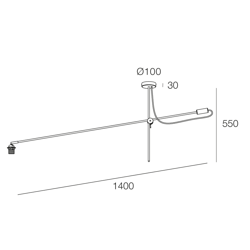 NOVALUX - Miss plafone orientabile nero, struttura acciaio verniciato, cavo tessuto bianco o nero, regolabile, lampada E27 max 25W, dimensioni L.1400 H.550.