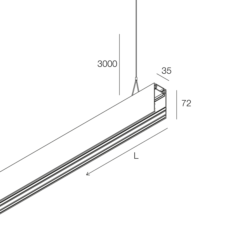 NOVALUX - Hero MB corpo 1908 NE: profilo di alluminio nero con schermo diffusore opale, 2 cavi di sospensione, modulo LED diretto e indiretto, L.3000mm.
