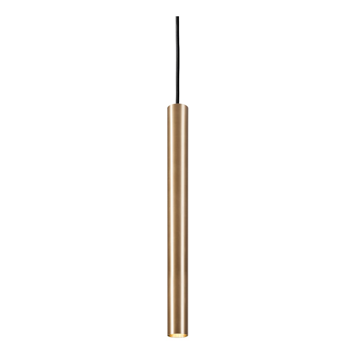 NOVALUX - Collins SP sospensione diametro 40 GU10 lunghezza 500 ottone massiccio satinato, cavo regolabile guaina nera, tubo ottone, 1xGU10 diametro 36 max 10W.