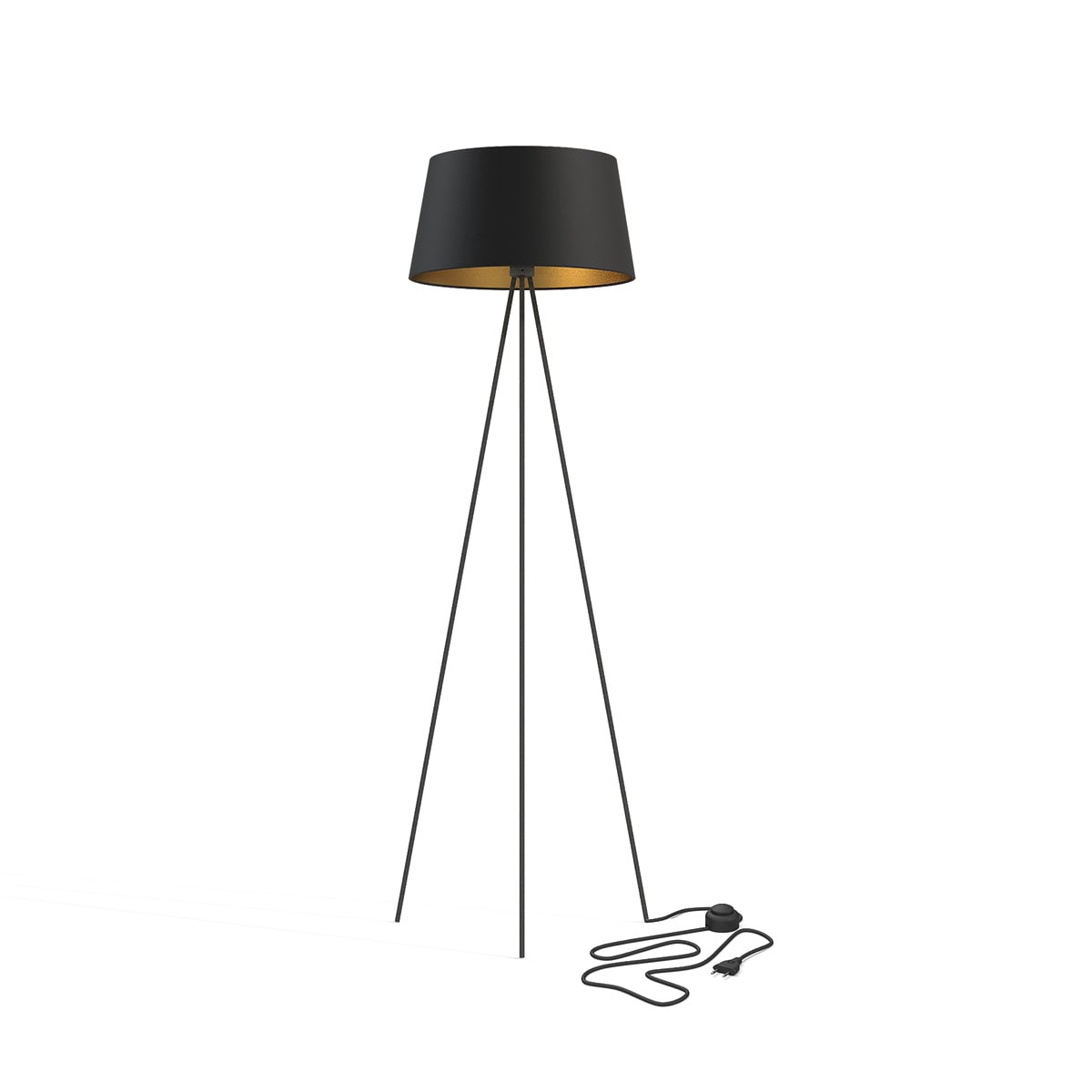 NOVALUX - Piantana Chanel nero oro, altezza 1550 mm, paralume Ø500 in tessuto nero interno oro, struttura in acciaio verniciato nero, cavo 1600 mm, 1xE27 max 25W.
