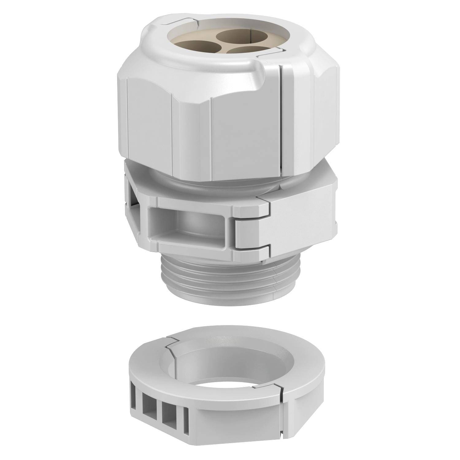 OBO BETTERMANN - Pressacavo separabile V-TEC TB32 4X8 con inserto di tenuta multiplo M32 in policarbonato grigio chiaro.