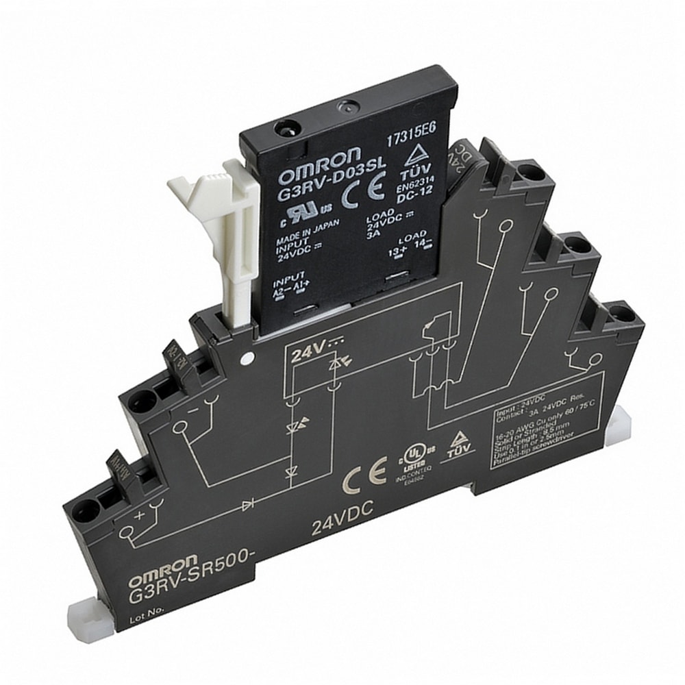 OMRON ELECTRONICS - Relè statico monofase G3RV-SR, slim 6mm, MOS FET, bobina: 24 Vc.c., LED, carico: 100?A...3A / 5…24 Vc.c., terminali Push-In Plus, guida DIN