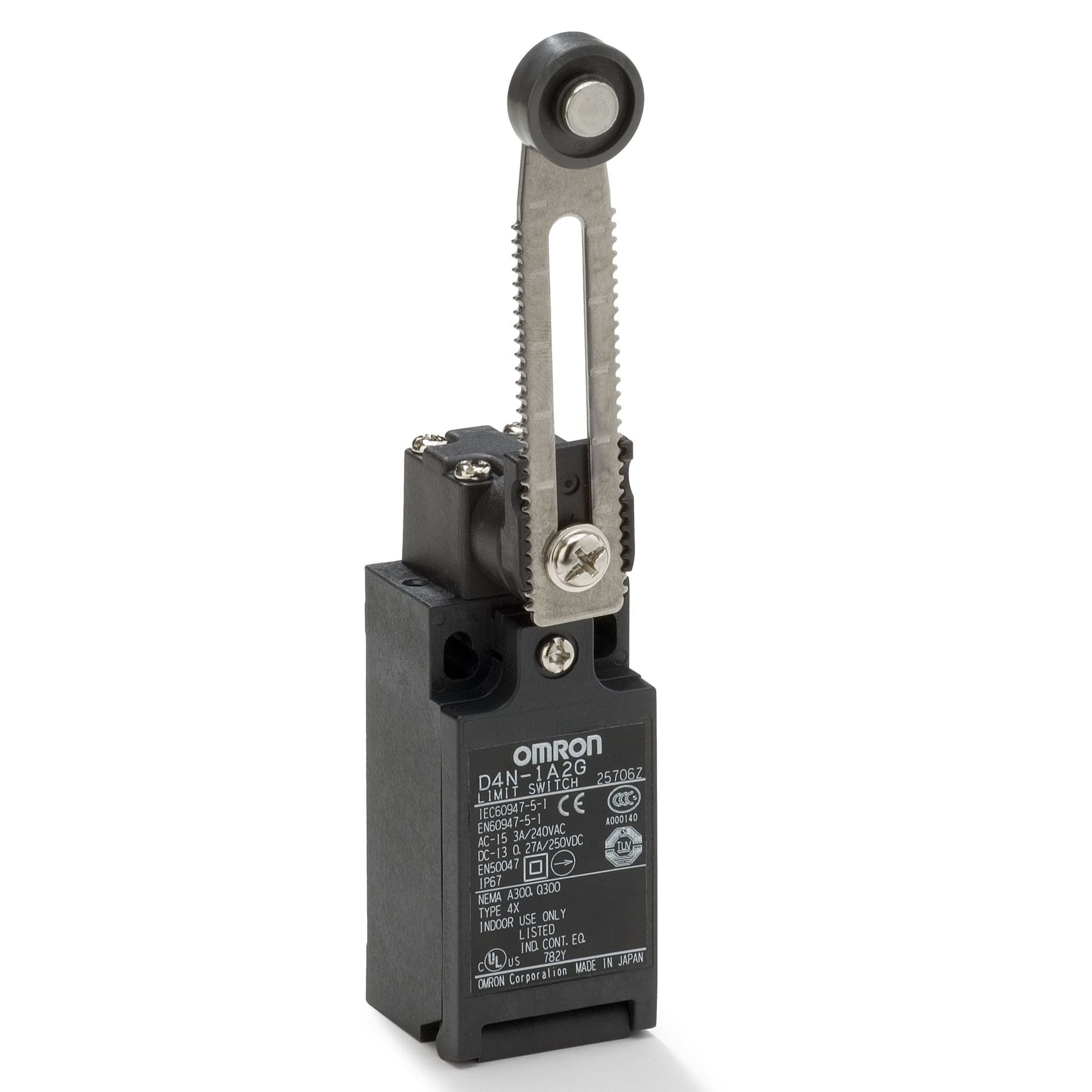 OMRON ELECTRONICS - Finecorsa meccanico, passacavo PG13.5, 1NO+1NC, azione lenta, leva regolabile metallo, rotella plastica, IP67.