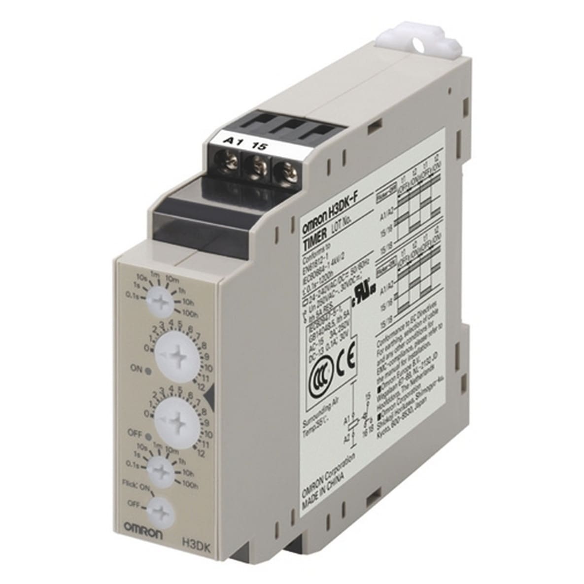 OMRON ELECTRONICS - Timer elettronico H3DK-F, 22,5mm, pausa-lavoro, multiscala, multitensione, 1 uscita SPDT ritardata, guida DIN.