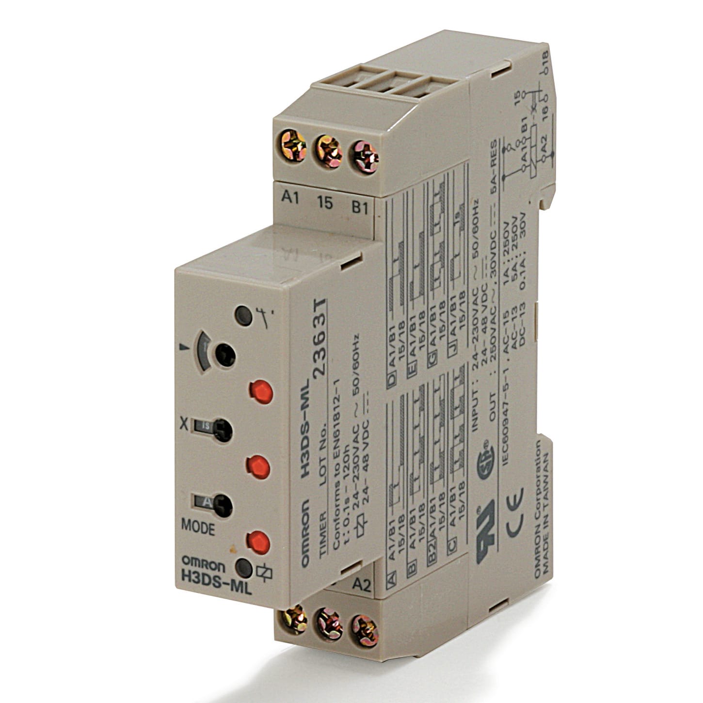 OMRON ELECTRONICS - Temporizzatore elettronico H3DS-A, 17,5mm, multiscala, multifunzione, multitensione, 1 uscita SPDT ritardata, guida DIN