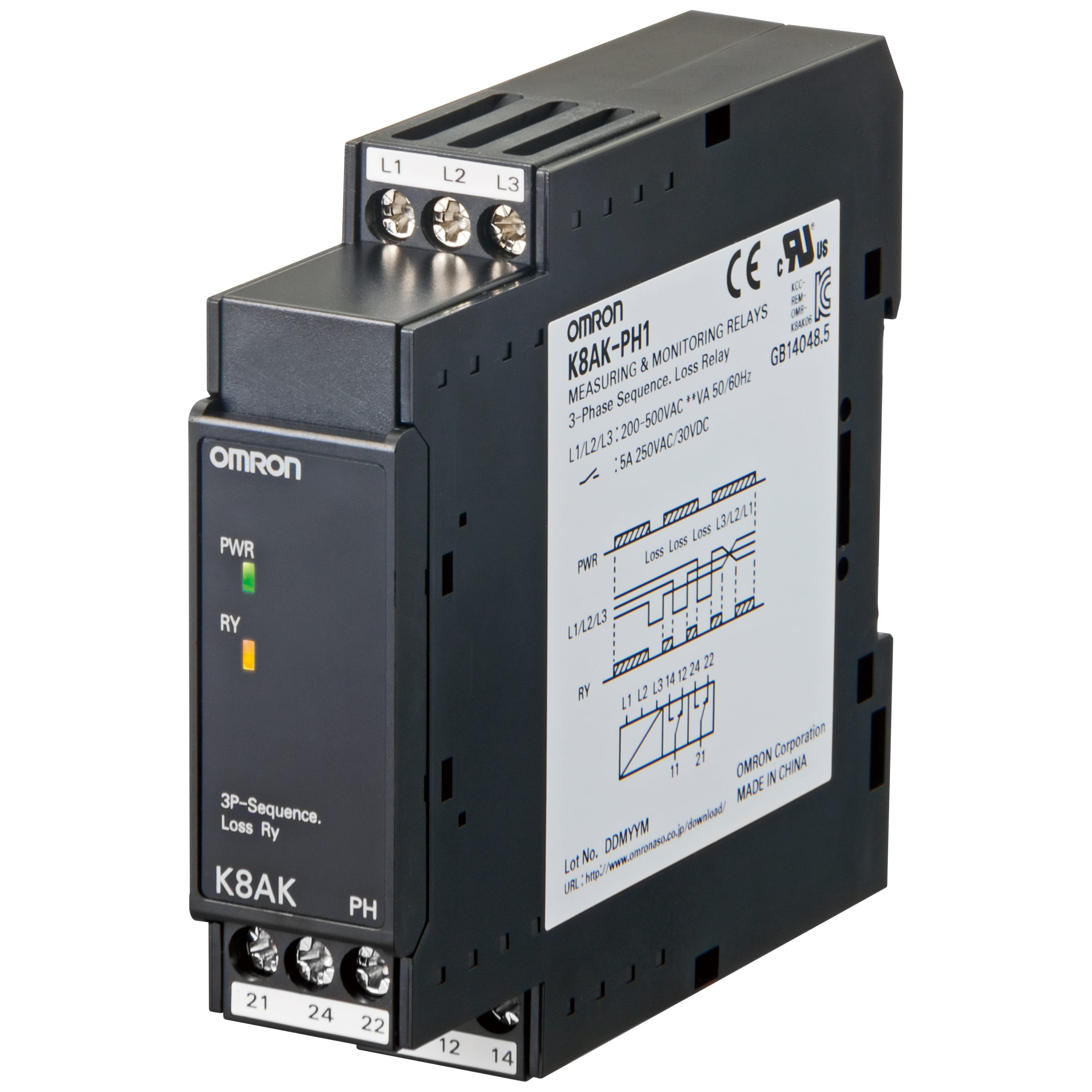 OMRON ELECTRONICS - Relè di controllo/misura K8AK per controllo sequenza fasi e mancanza fase,trifase 3-fili 200...480Vc.a., 22,5 mm e guida DIN, uscite a relè 5 A (DPDT)