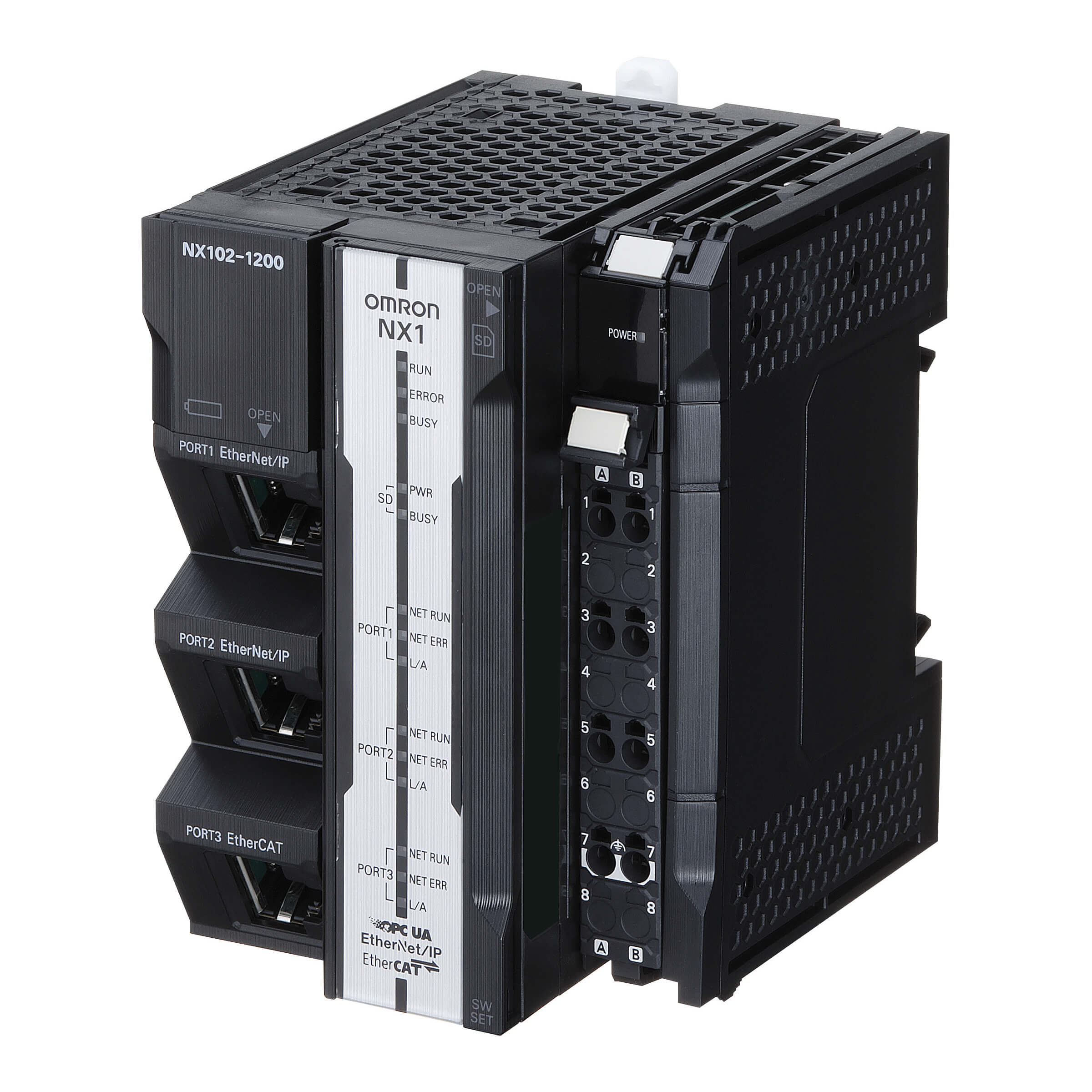 OMRON ELECTRONICS - CPU modulare, memoria programmi 5 MB e dati 33,5 MB, EtherCAT integrata (8 servoassi, 4 assi PTP, 64 nodi EtherCAT in totale), 2 porte Ethernet (OPCUA ed EtherNet/IP)