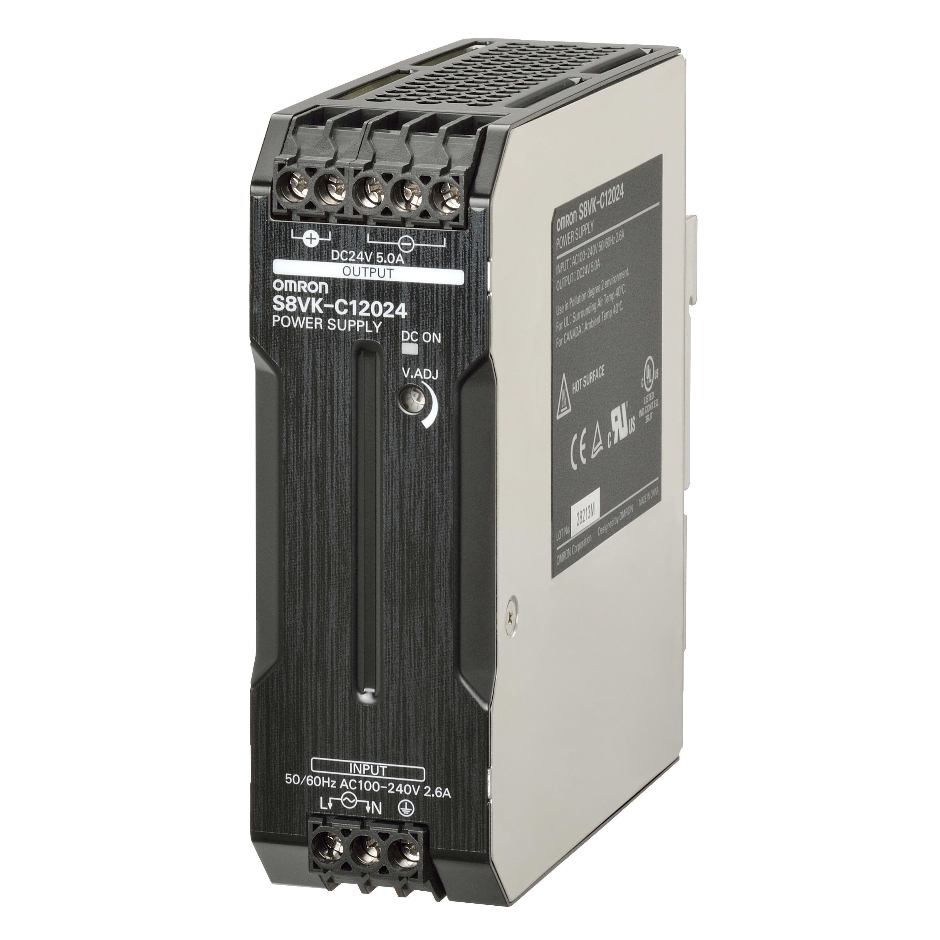 OMRON ELECTRONICS - Alimentatore S8VK-C monofase 120W, ingresso 100-240Vca, uscita 24Vcc 5A, classe A, modello protetto, montaggio guida DIN, terminali vite.