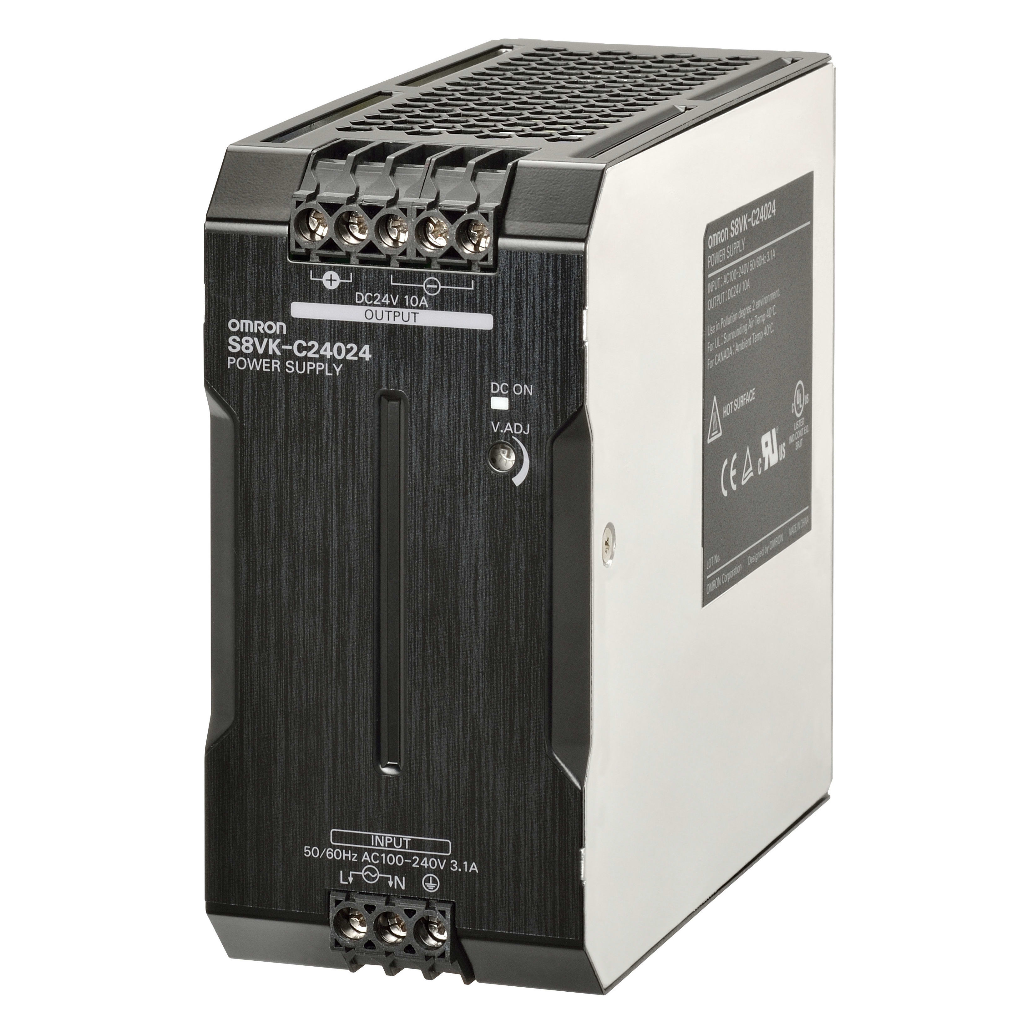OMRON ELECTRONICS - Alimentatore S8VK-C monofase 240W, ingresso 100-240Vca, uscita 24Vcc/10A, classe A, modello protetto, montaggio guida DIN, terminali vite.