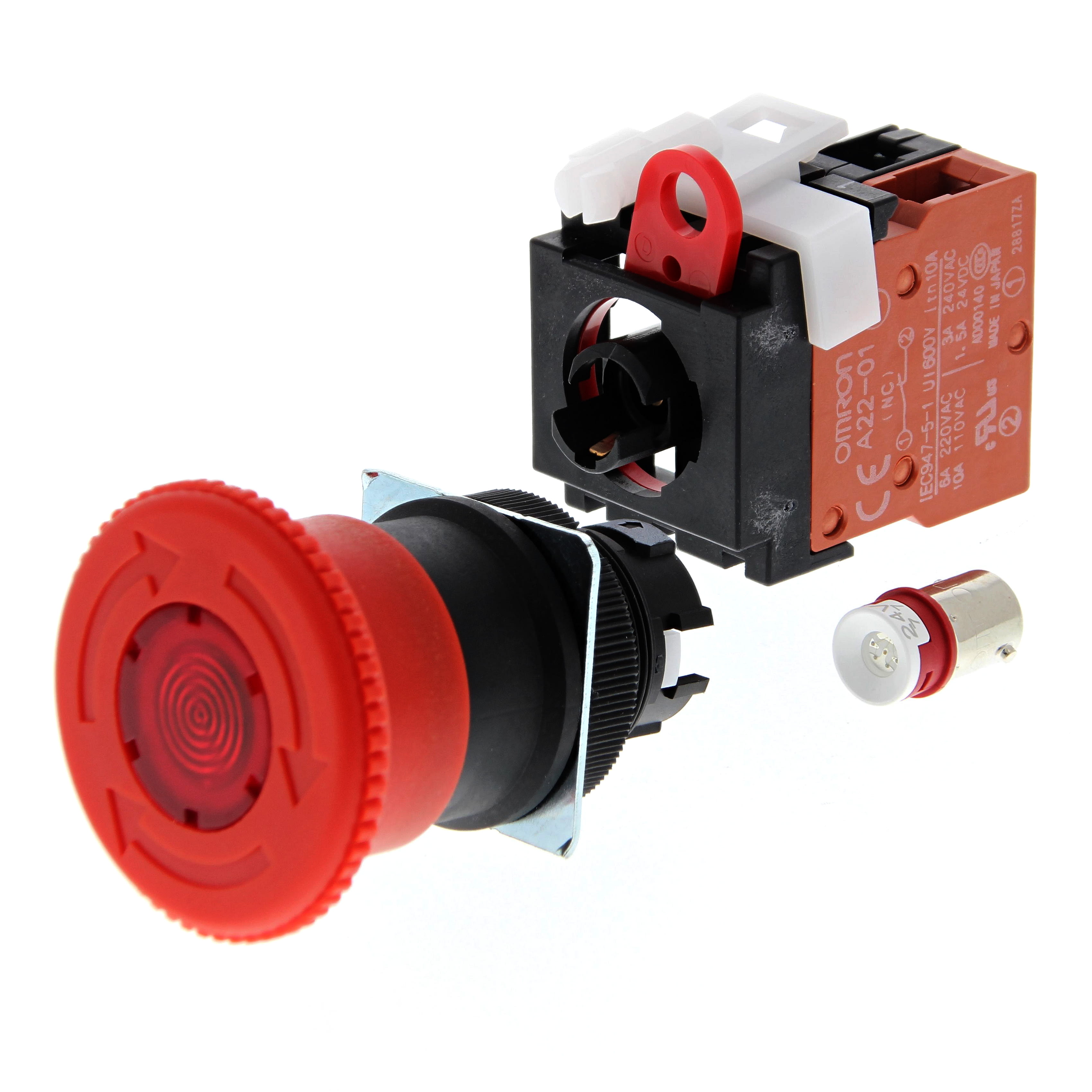 OMRON ELECTRONICS - Pulsante emergenza Ø22 mm, diam. 40 mm, luminoso, 1 contatto NC, riassetto a rotazione.