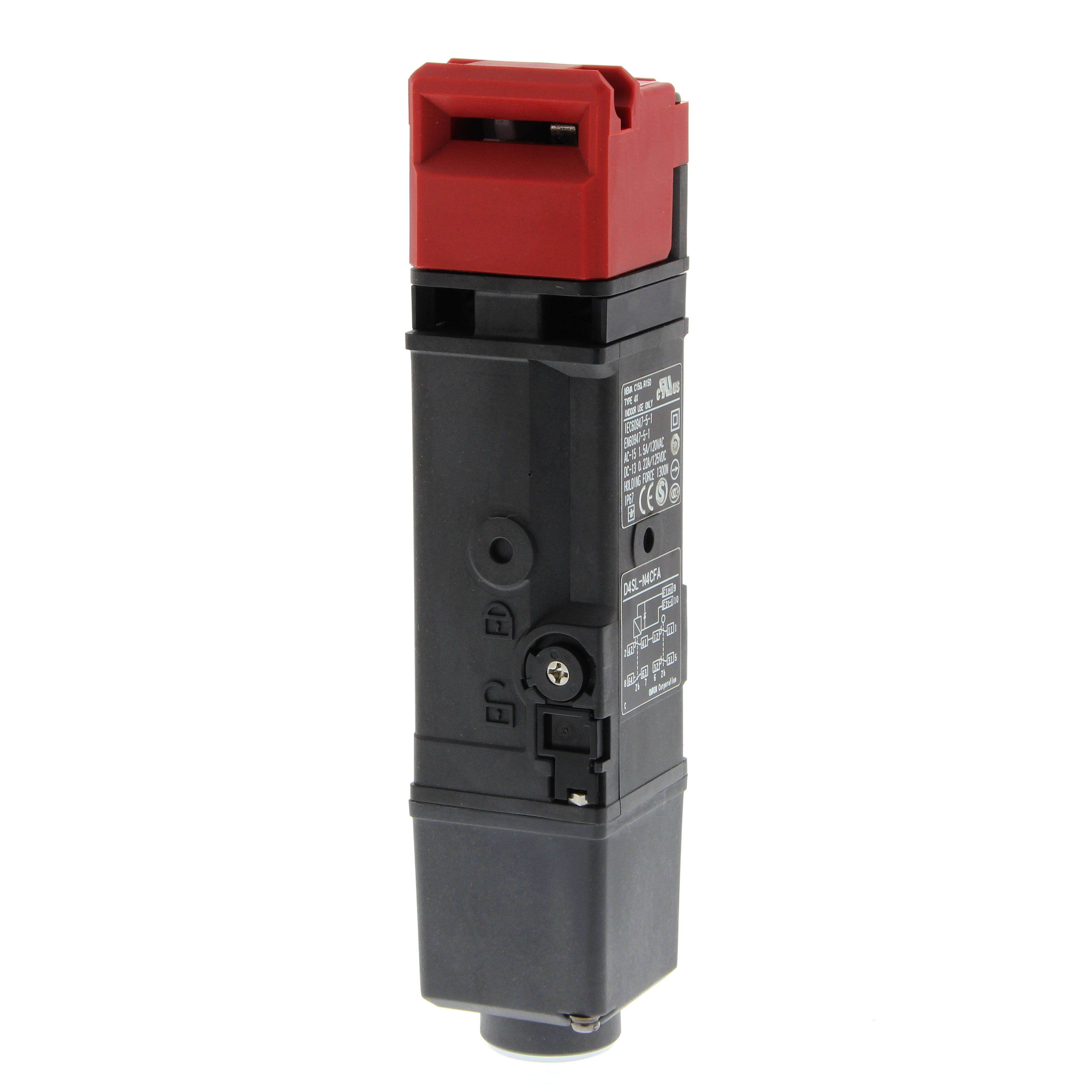 OMRON ELECTRONICS - Finecorsa con blocco, passacavo M20, 2NC chiave + 1NC/1NA solenoide in serie, testa in plastica, blocco meccanico/sblocco solenoide 24Vcc, morsettiera.