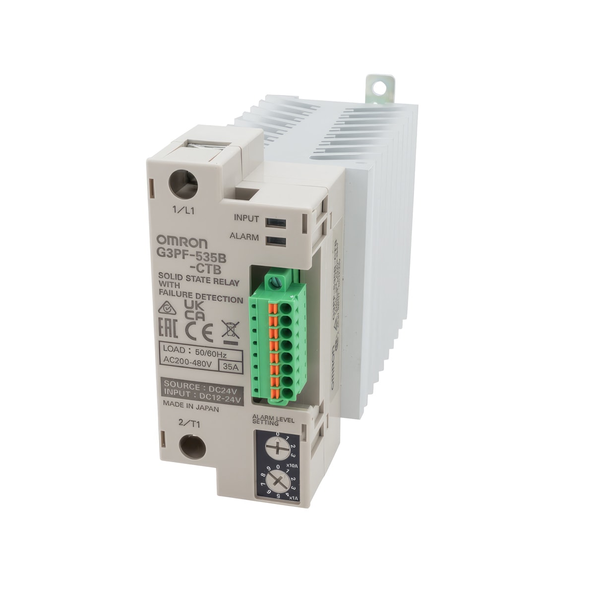 OMRON ELECTRONICS - Relè statico monofase G3PF con TA integrato, 2 uscite allarme per HB/HS, LED, zero crossing, carico: 35A/200...480 Vc.a., terminali a molla, guida DIN