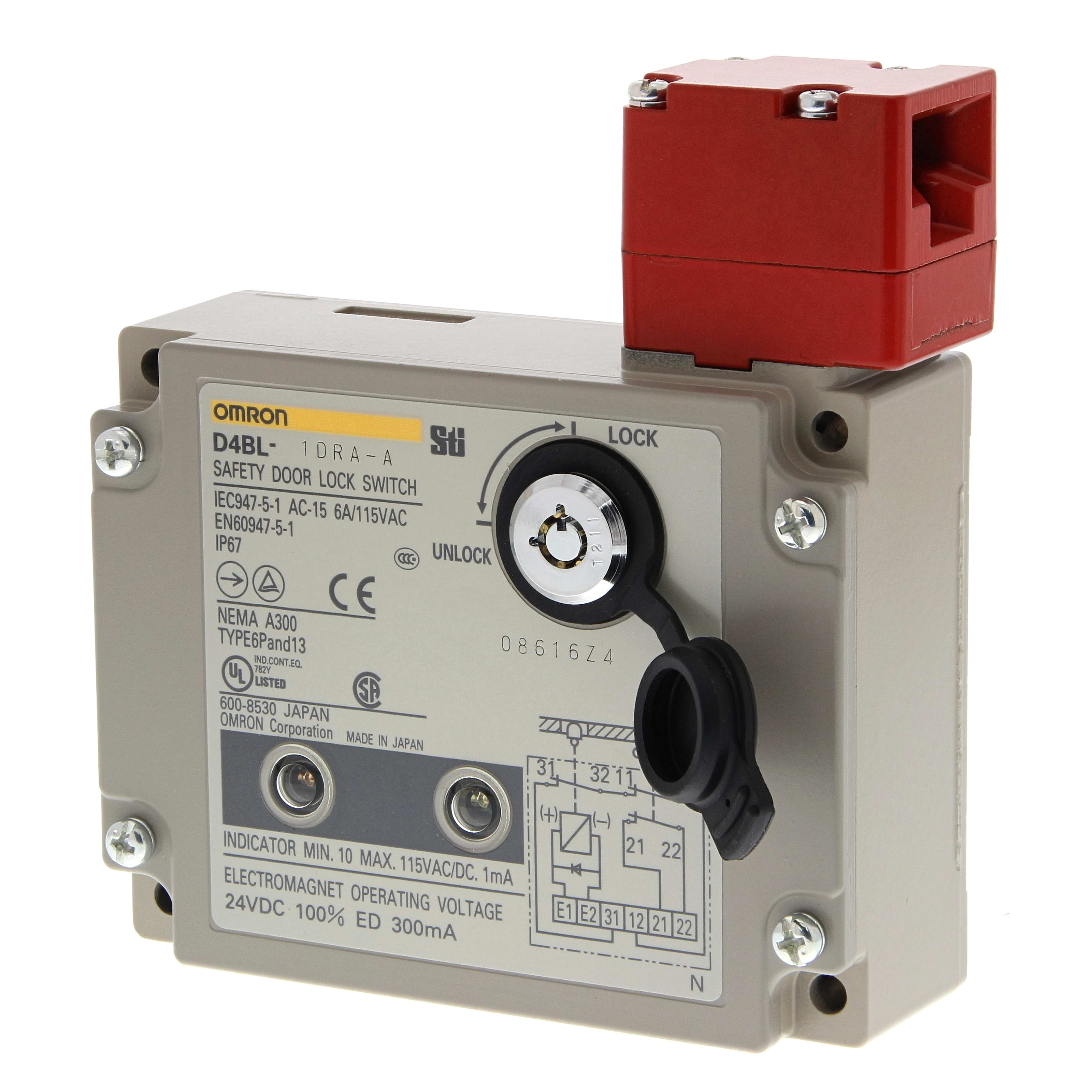 OMRON ELECTRONICS - Finecorsa con blocco, passacavo PG13.5, 2NC chiave + 1NC solenoide, blocco meccanico, sblocco solenoide 24Vcc, LED.