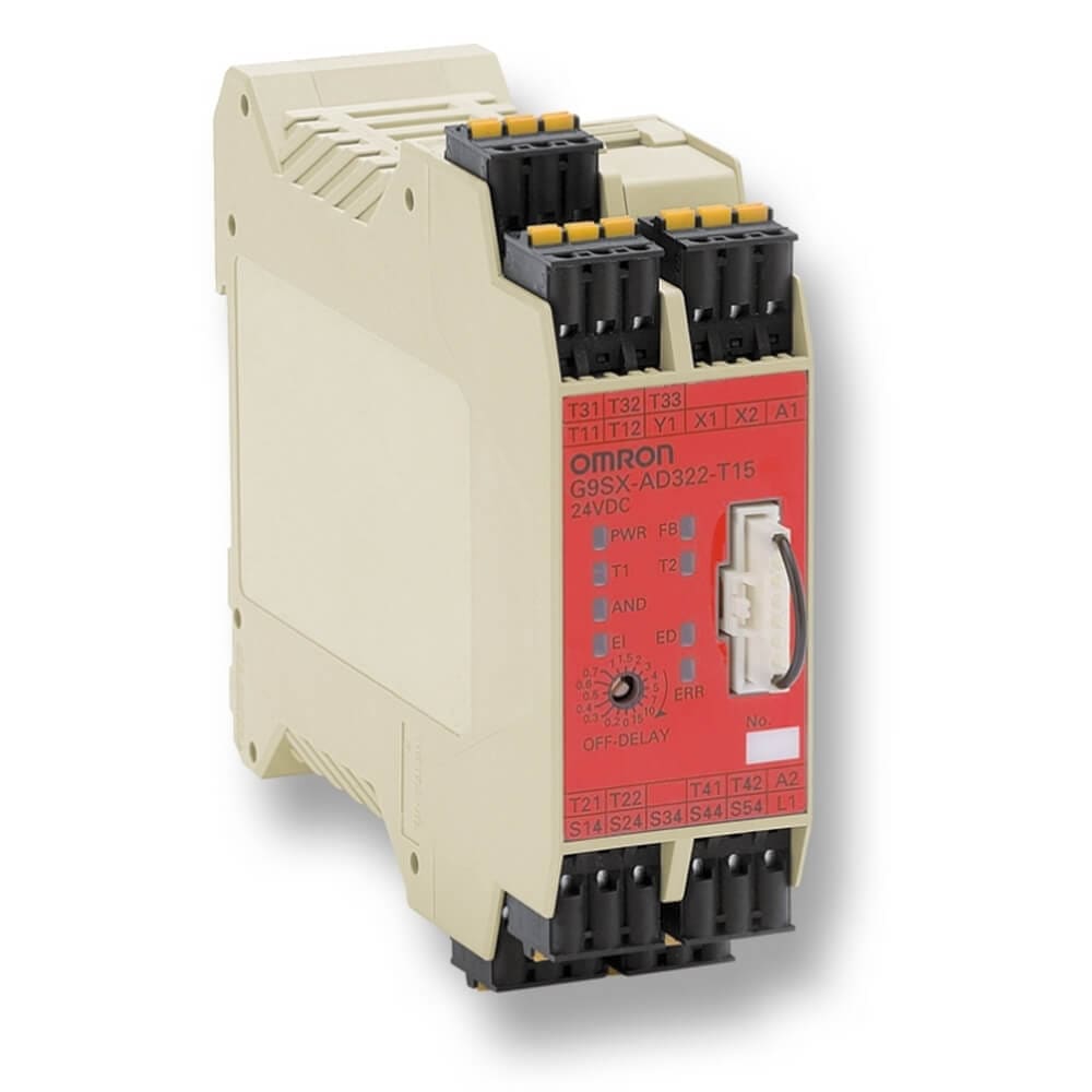 OMRON ELECTRONICS - Modulo di sicurezza 24Vdc, 1 o 2 canali, 3 uscite PNP istantanee, 2 ritardate max 15s, MOSFET, 2 uscite PNP ausiliarie, terminali a molla.