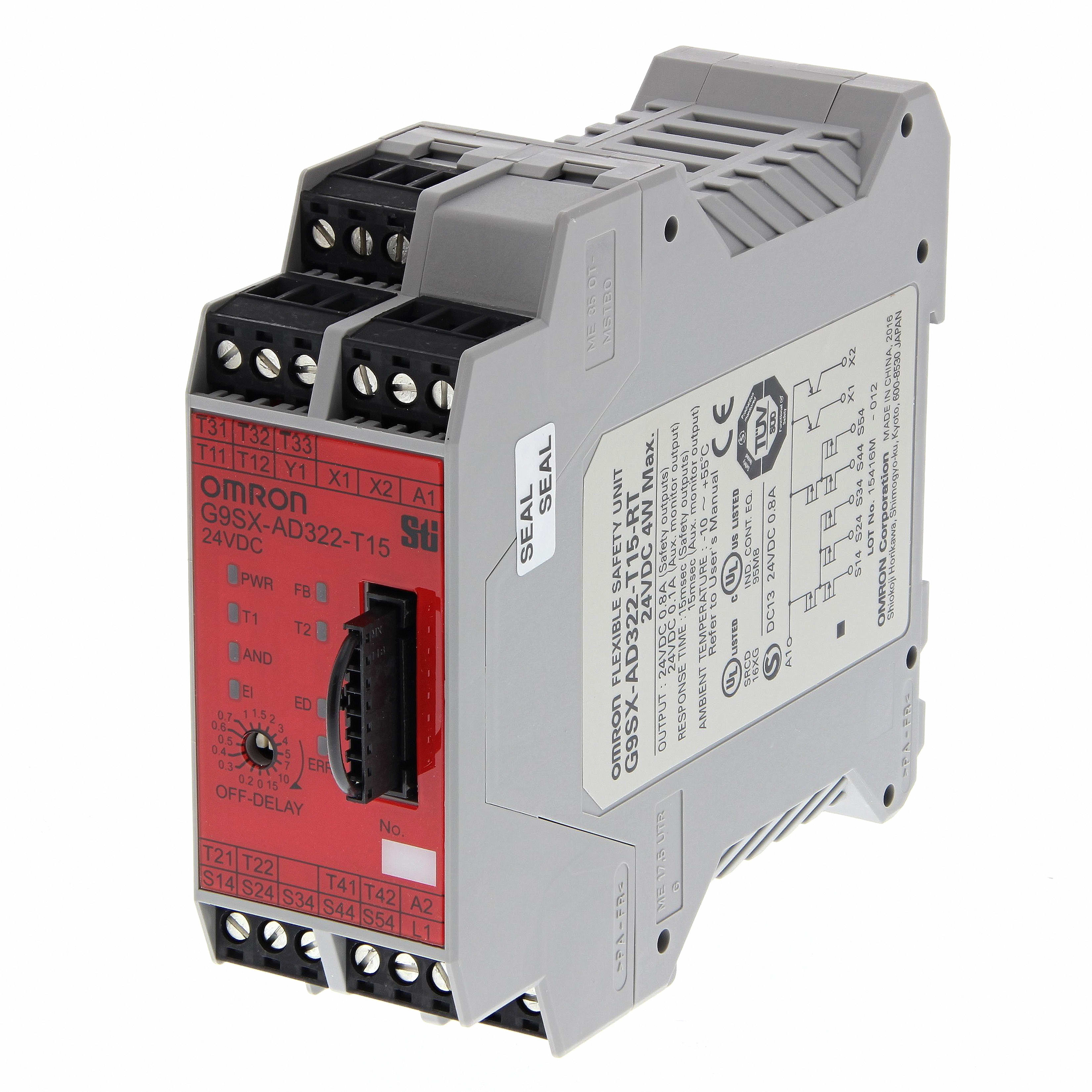 OMRON ELECTRONICS - Modulo di sicurezza 24Vdc, 1 o 2 canali, 3 uscite PNP istantanee, 2 ritardate max 15s, MOSFET, 2 uscite PNP ausiliarie, terminali a vite.