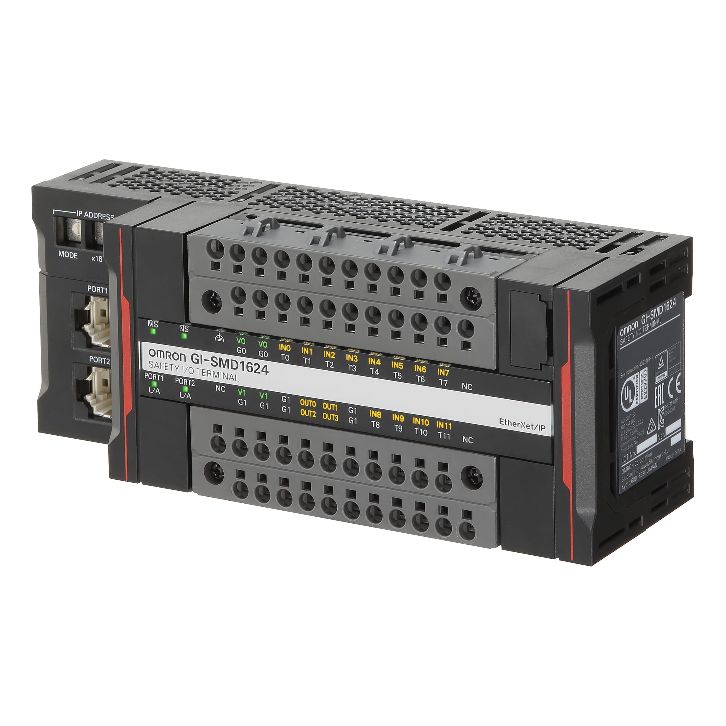OMRON ELECTRONICS - Terminale remoto CIP-S con hub a 2 porte, 12 ingressi digitali PNP di sicurezza e 4 uscite digitali PNP di sicurezza.